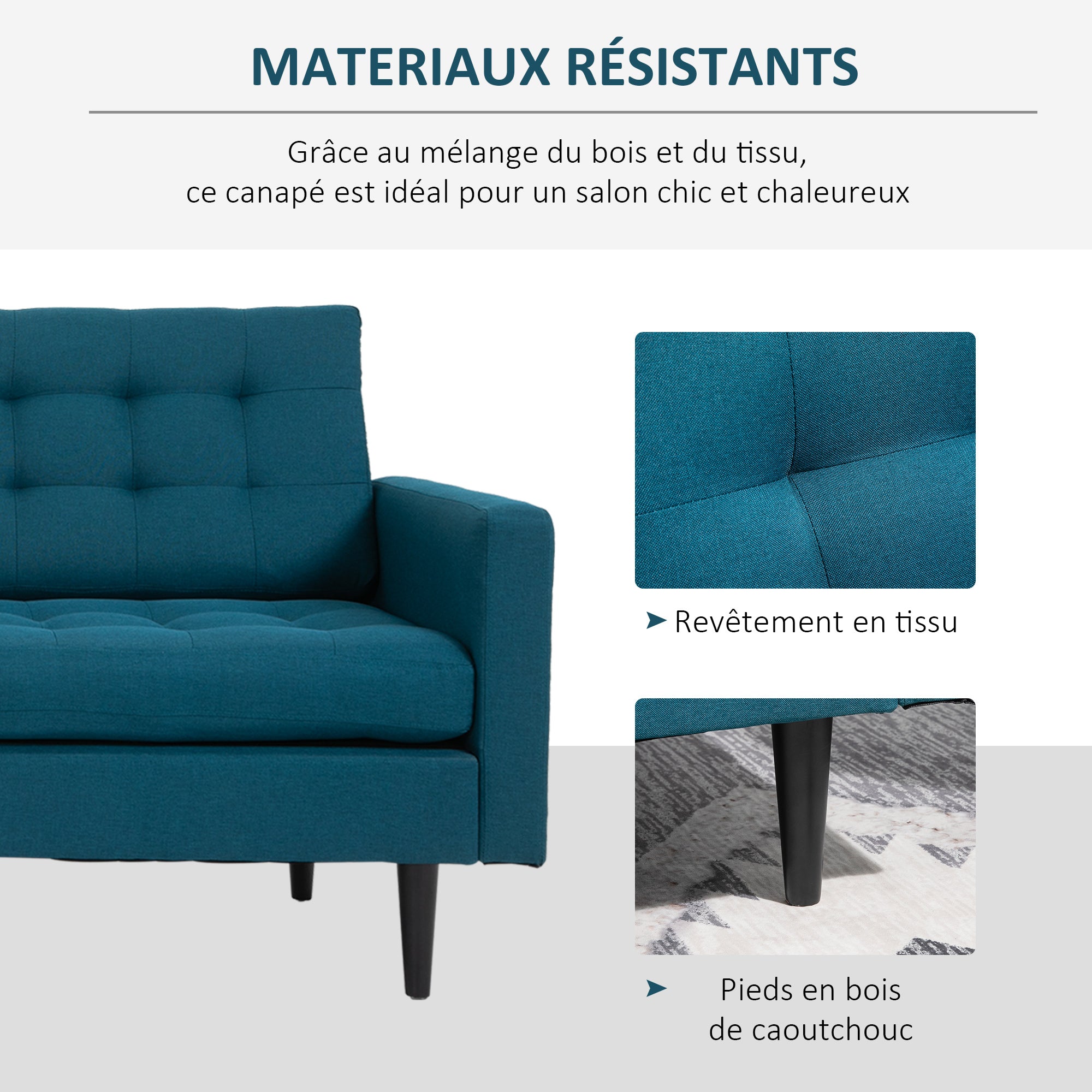 Canapé Convertible 3 Places Design Contemporain Dossier inclinable indépendamment 3 Positions Lin Bleu Canard