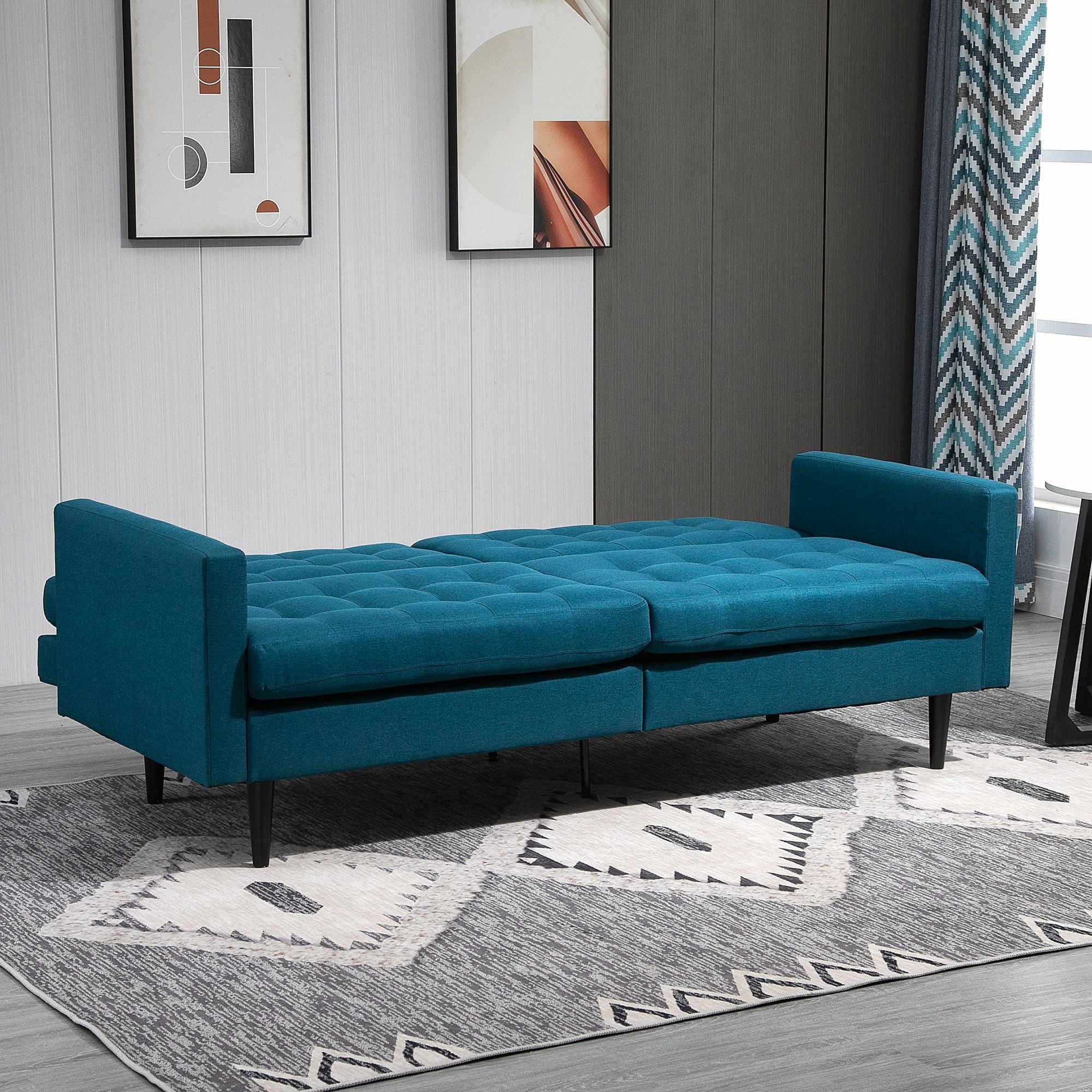 Canapé Convertible 3 Places Design Contemporain Dossier inclinable indépendamment 3 Positions Lin Bleu Canard