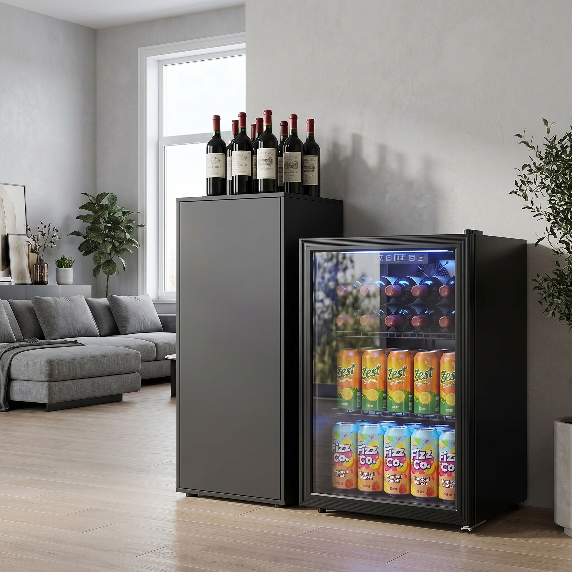 Réfrigérateur à Boissons 70L et 70 Canettes, Petit Frigo Silencieux en Pose Libre, Porte en Verre Trempé Double, Étagères Réglables, Éclairage LED, pour Soda Bière Vin dans Chambre Bureau, Noir