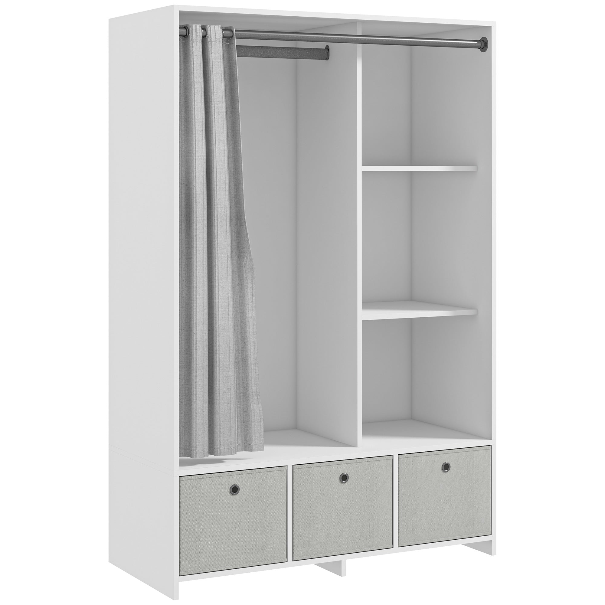 Armoire penderie, dressing avec rideau, armoire chambre vêtement, garde-robe avec tringle, 3 compartiments et 3 tiroirs en tissu amovibles - 105 x 48 x 160 cm, blanc
