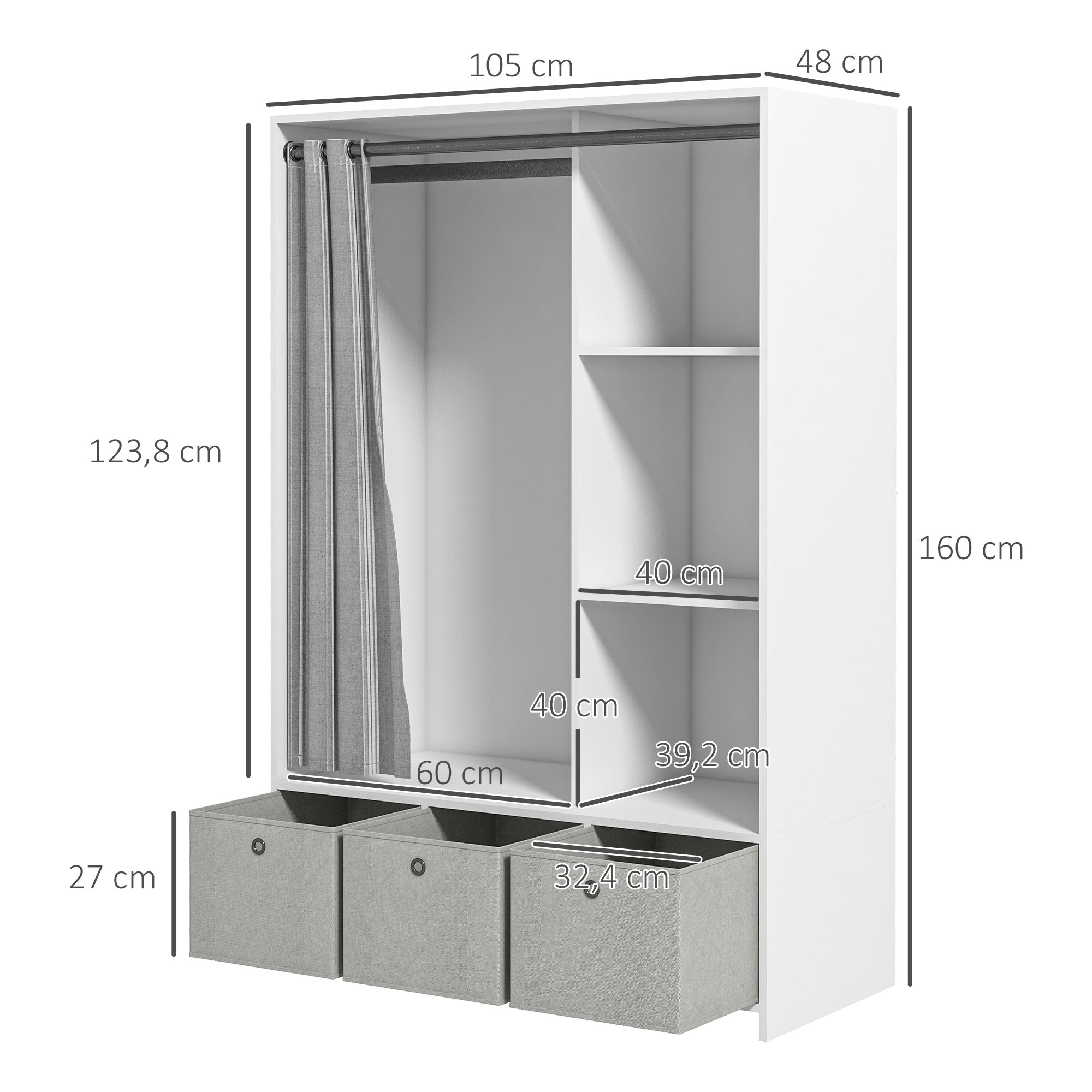 Armoire penderie, dressing avec rideau, armoire chambre vêtement, garde-robe avec tringle, 3 compartiments et 3 tiroirs en tissu amovibles - 105 x 48 x 160 cm, blanc