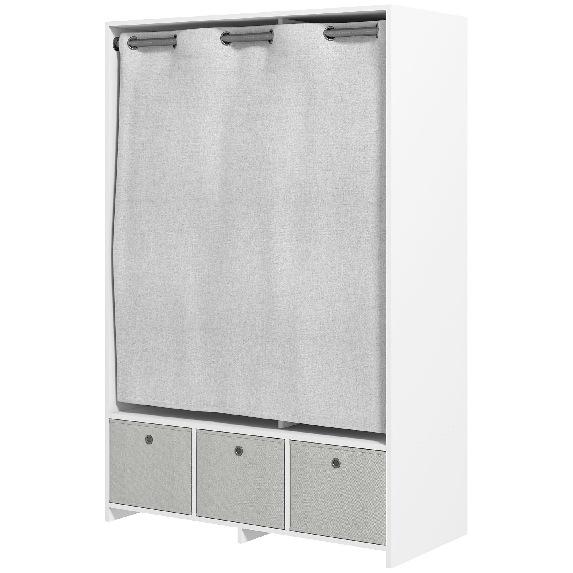 Armoire penderie, dressing avec rideau, armoire chambre vêtement, garde-robe avec tringle, 3 compartiments et 3 tiroirs en tissu amovibles - 105 x 48 x 160 cm, blanc