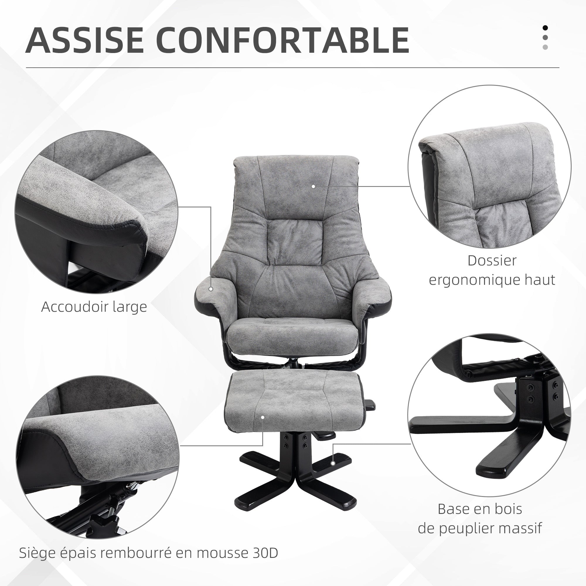 Fauteuil relax fauteuil de relaxation inclinable 135° avec repose-pieds pivotant 360° revêtement microfibre pieds en bois massif assise épais rembourrée gris