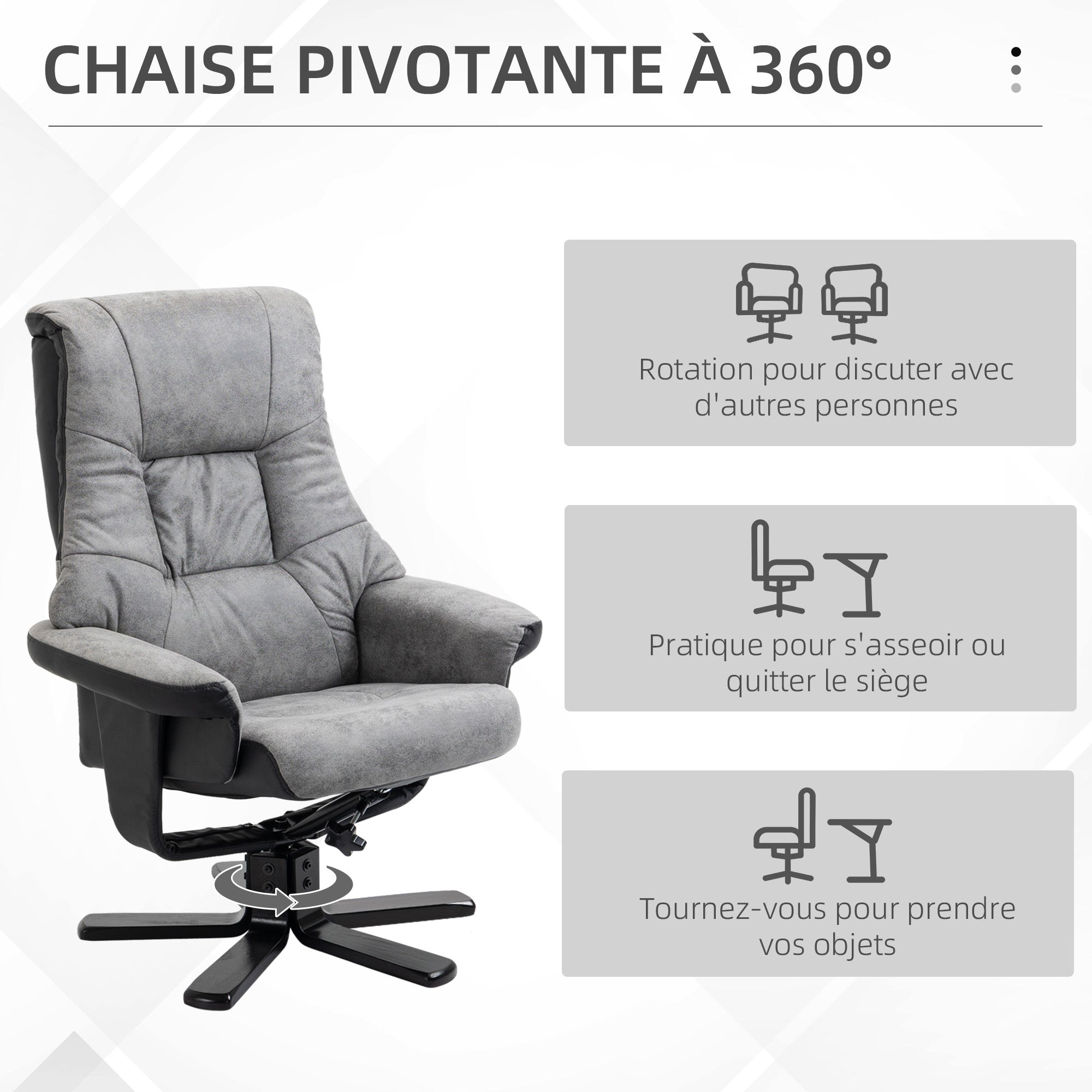 Fauteuil relax fauteuil de relaxation inclinable 135° avec repose-pieds pivotant 360° revêtement microfibre pieds en bois massif assise épais rembourrée gris