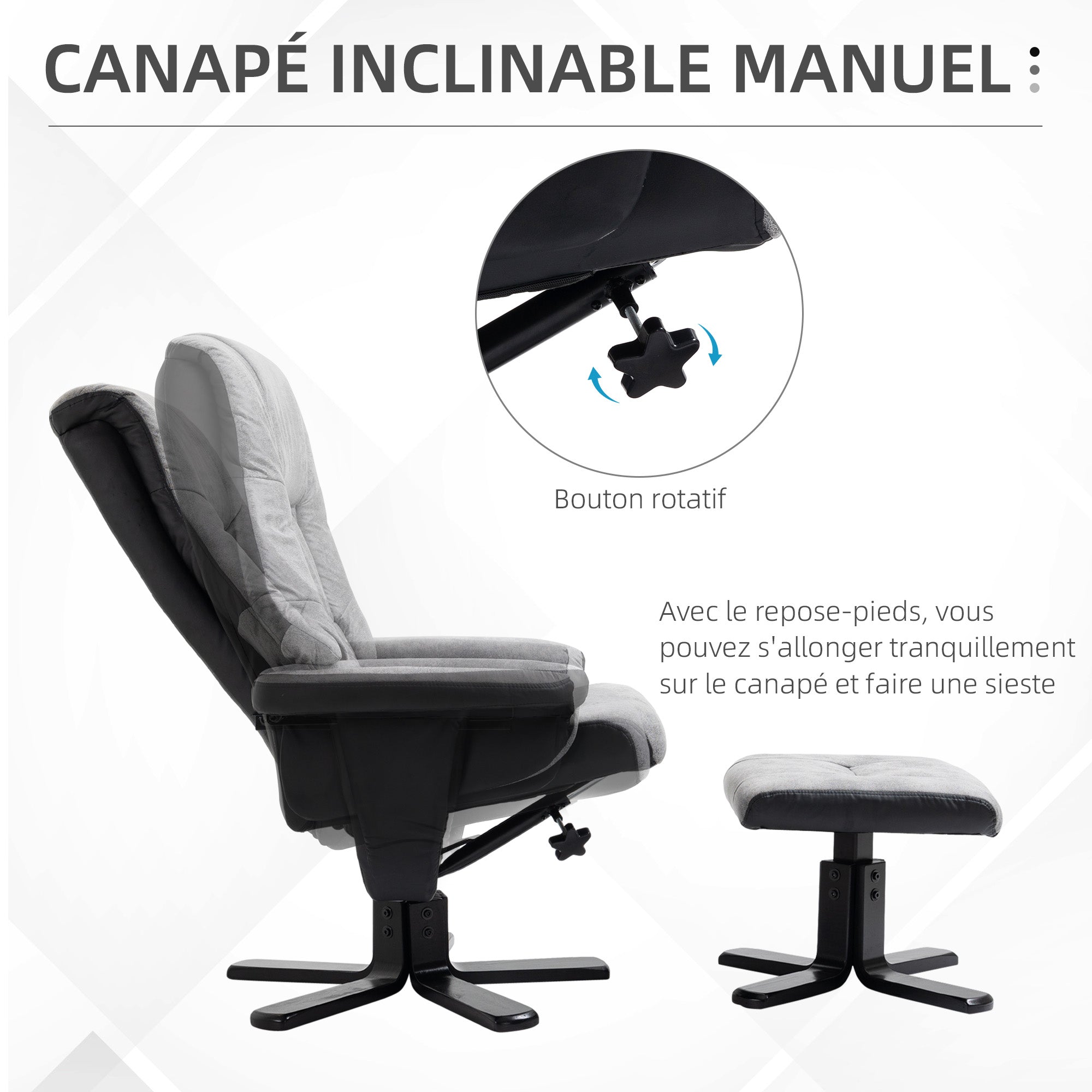 Fauteuil relax fauteuil de relaxation inclinable 135° avec repose-pieds pivotant 360° revêtement microfibre pieds en bois massif assise épais rembourrée gris