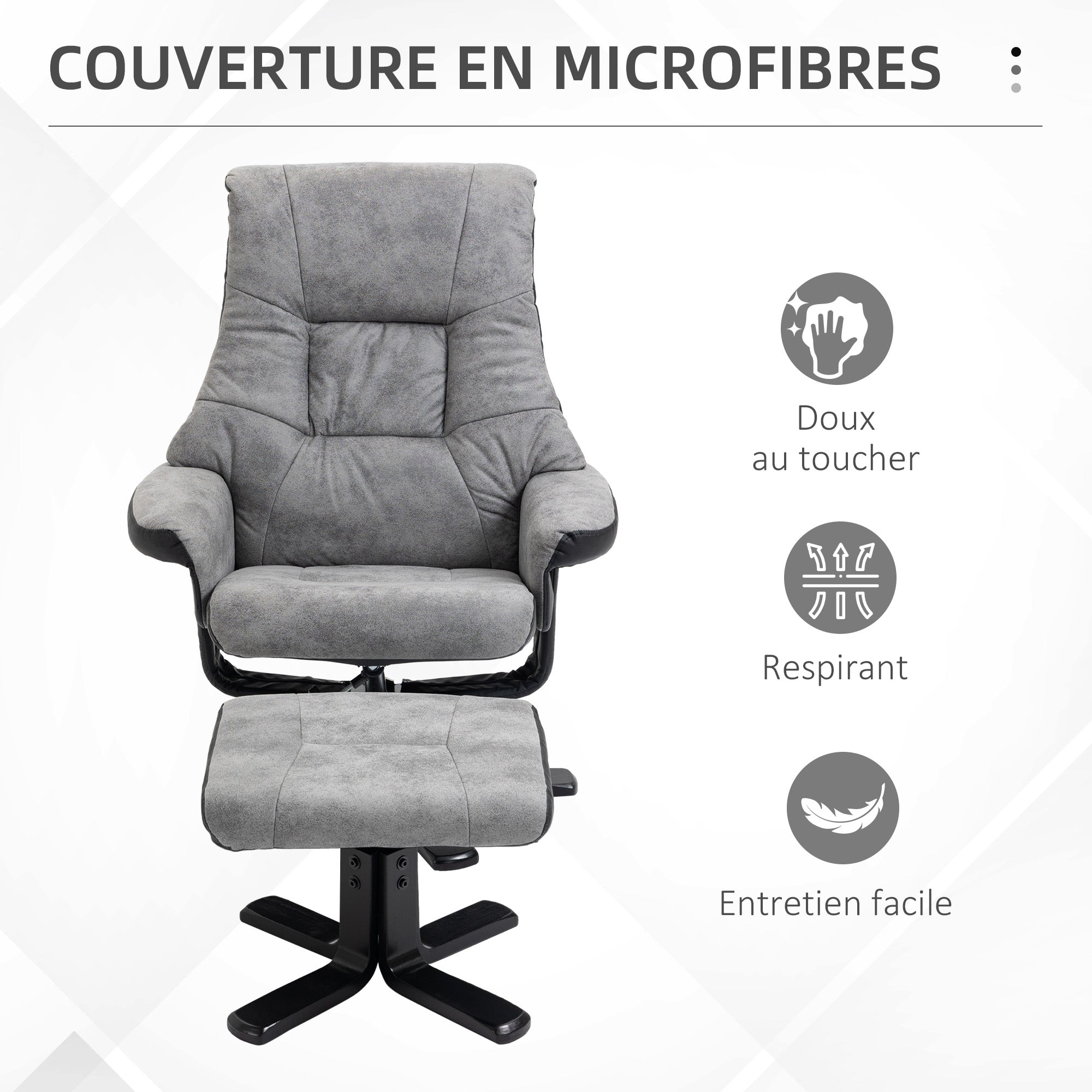 Fauteuil relax fauteuil de relaxation inclinable 135° avec repose-pieds pivotant 360° revêtement microfibre pieds en bois massif assise épais rembourrée gris
