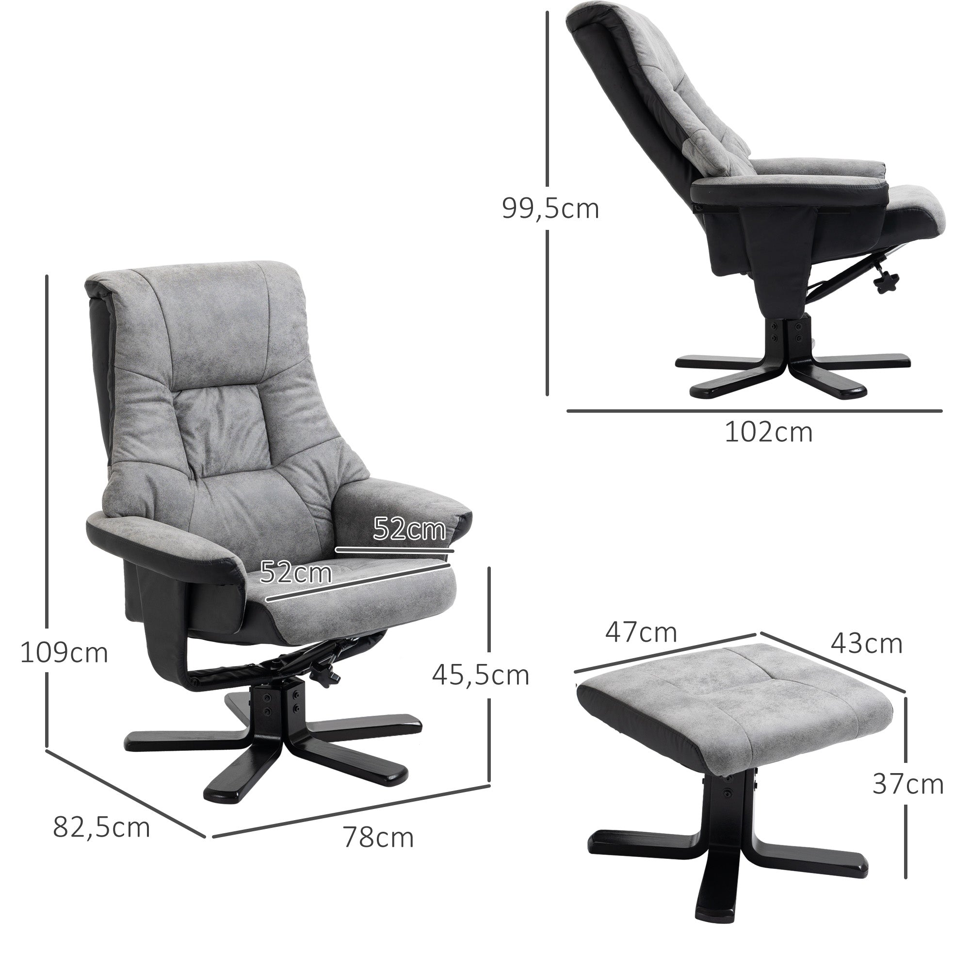Fauteuil relax fauteuil de relaxation inclinable 135° avec repose-pieds pivotant 360° revêtement microfibre pieds en bois massif assise épais rembourrée gris