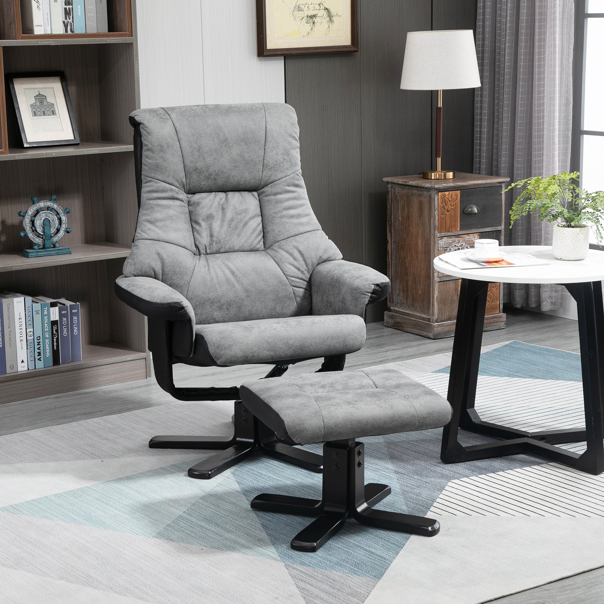 Fauteuil relax fauteuil de relaxation inclinable 135° avec repose-pieds pivotant 360° revêtement microfibre pieds en bois massif assise épais rembourrée gris