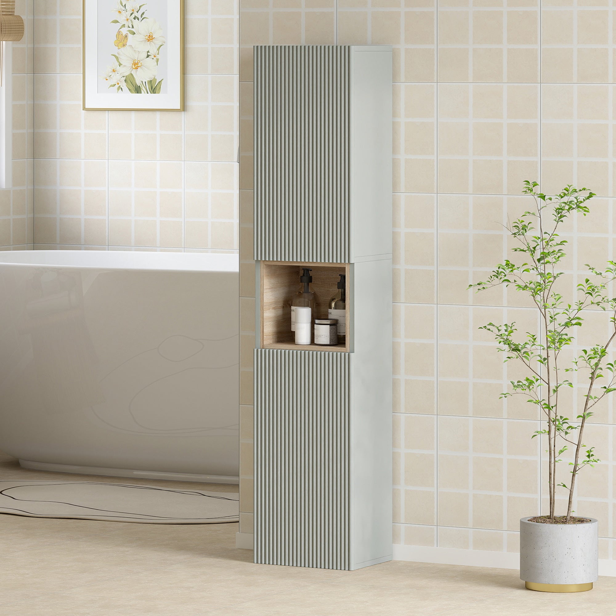 Meuble colonne salle de bain, meuble de rangement étroit avec 2 portes, compartiment ouvert et étagères réglables, pour toilette, petits espaces, 30 x 24 x 140 cm, vert
