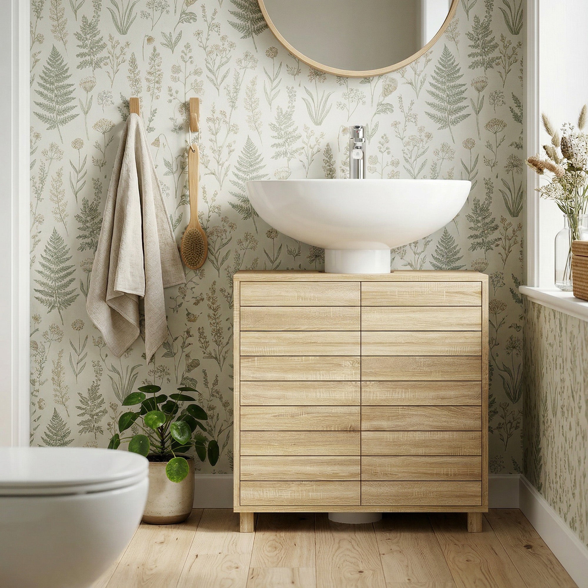 Meuble sous Lavabo, Meuble de Salle de Bain avec Découpe en Forme U, Portes à Lattes, Étagère Réglable, Ouverture par Pression, 60 x 30 x 60 cm, Naturel