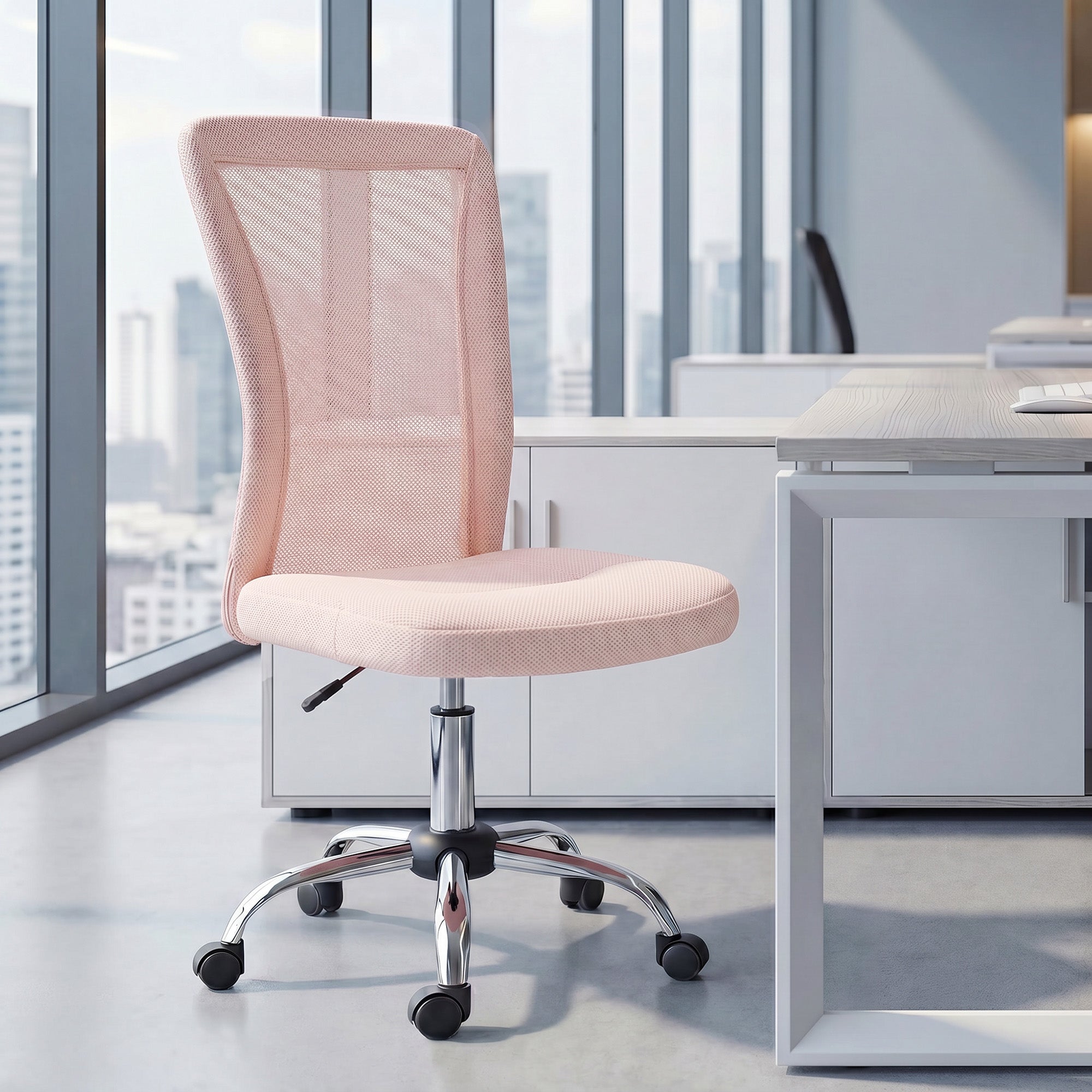Chaise de bureau ergonomique fauteuil de bureau hauteur réglable piètement chromé pivotant 360° revêtement maille rose