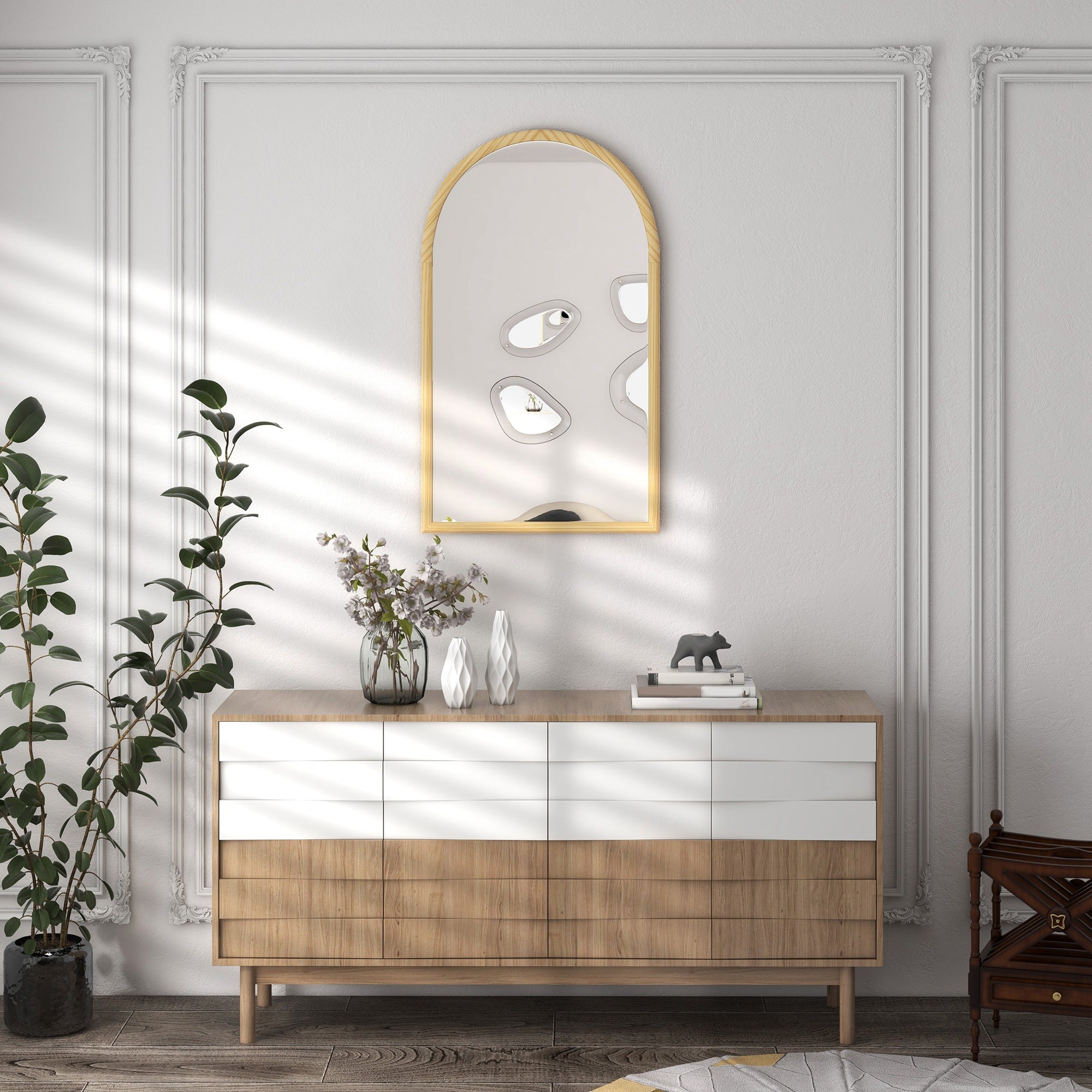 Miroir mural arche, 110 x 65 cm Cadre en bois, Miroir arqué pour le salon, la chambre, l'entrée, bois naturel