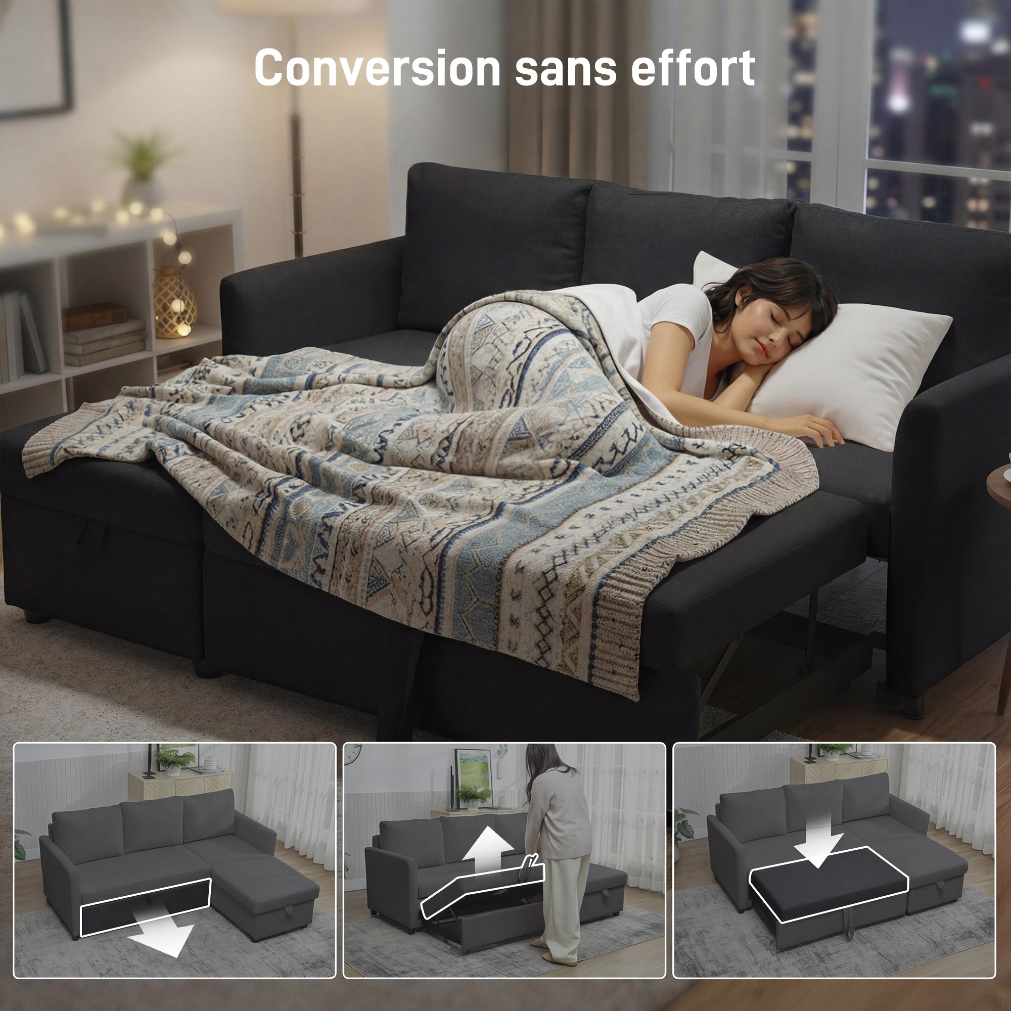 Canapé d'Angle Convertible, Canapé-Lit 3 Places 192 cm avec Méridienne Réversible, Espace de Rangement Caché, Coussins Inclus, Tissu Aspect Lin, pour Salon, Bureau, Appartement, Gris Anthracite