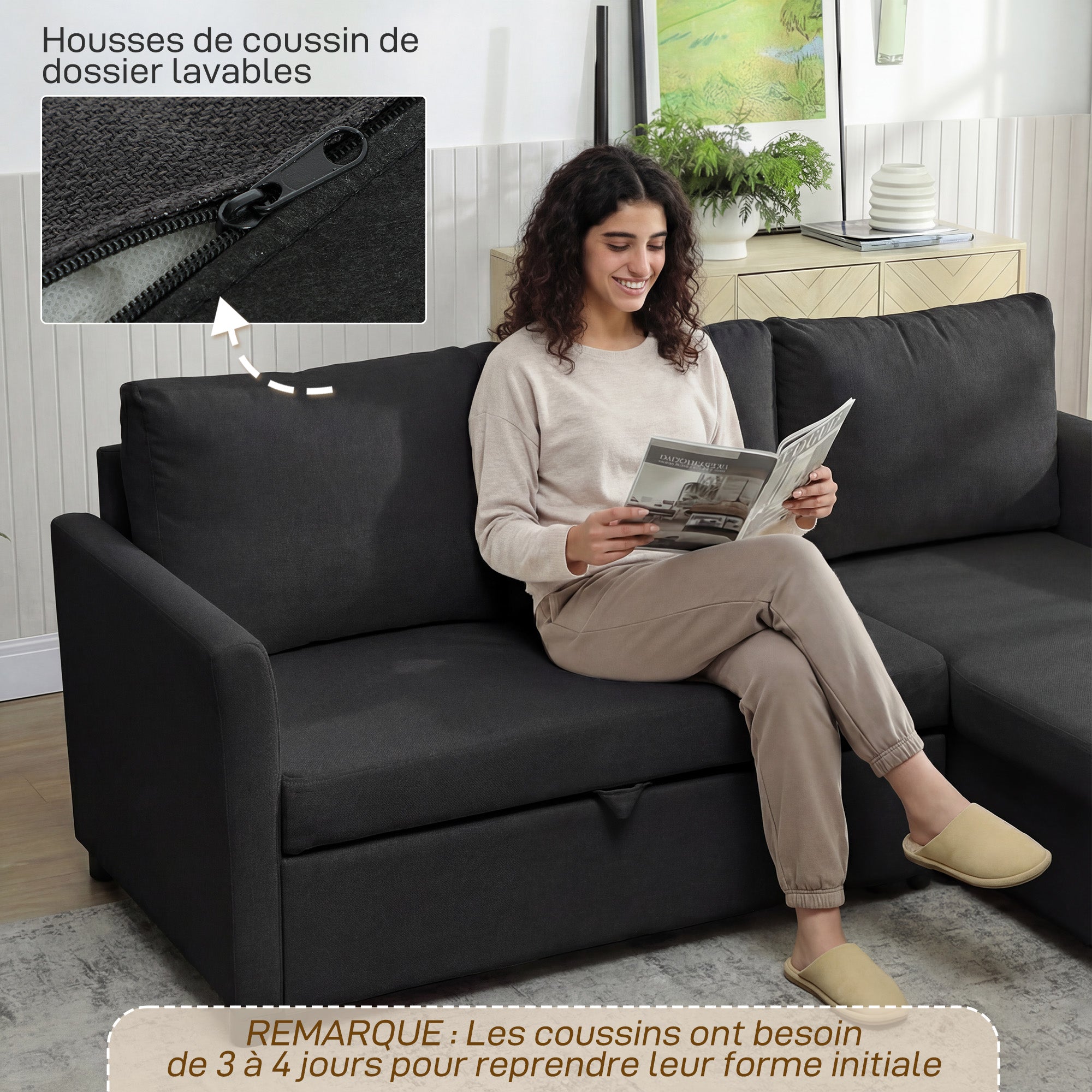 Canapé d'Angle Convertible, Canapé-Lit 3 Places 192 cm avec Méridienne Réversible, Espace de Rangement Caché, Coussins Inclus, Tissu Aspect Lin, pour Salon, Bureau, Appartement, Gris Anthracite