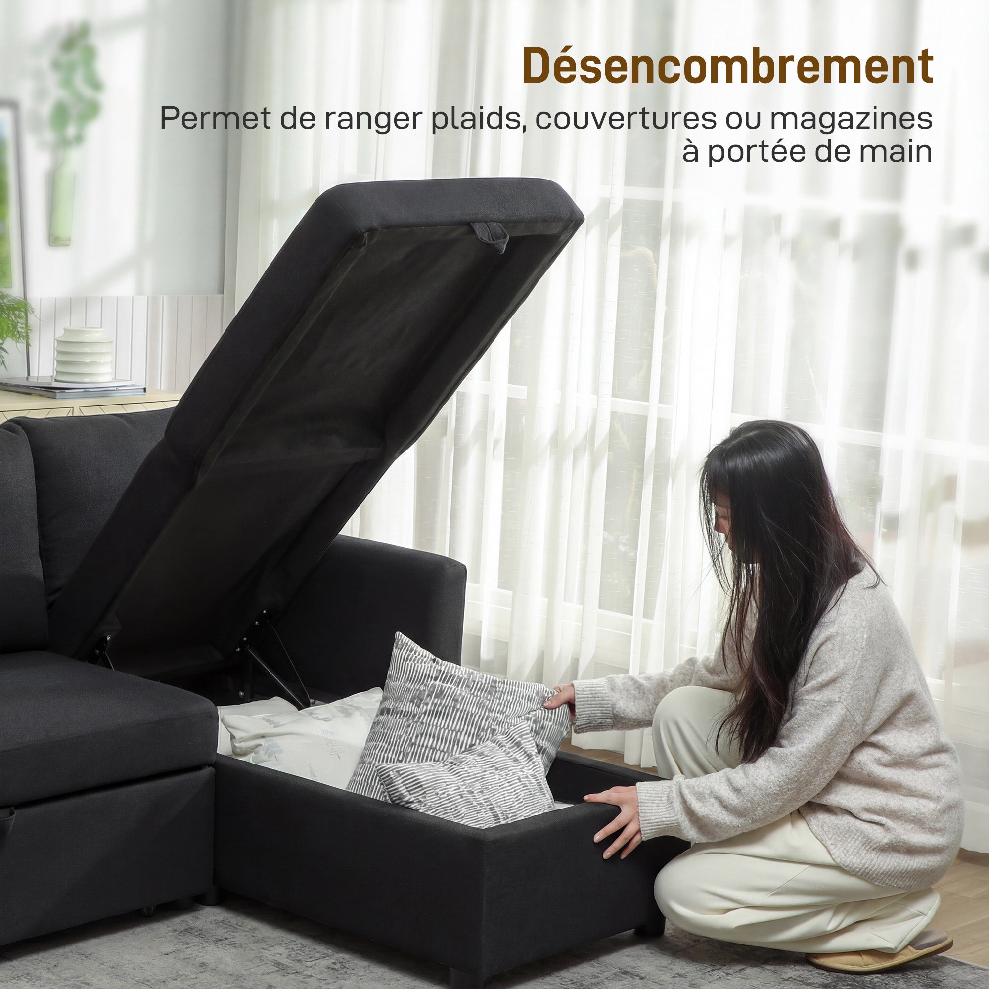 Canapé d'Angle Convertible, Canapé-Lit 3 Places 192 cm avec Méridienne Réversible, Espace de Rangement Caché, Coussins Inclus, Tissu Aspect Lin, pour Salon, Bureau, Appartement, Gris Anthracite