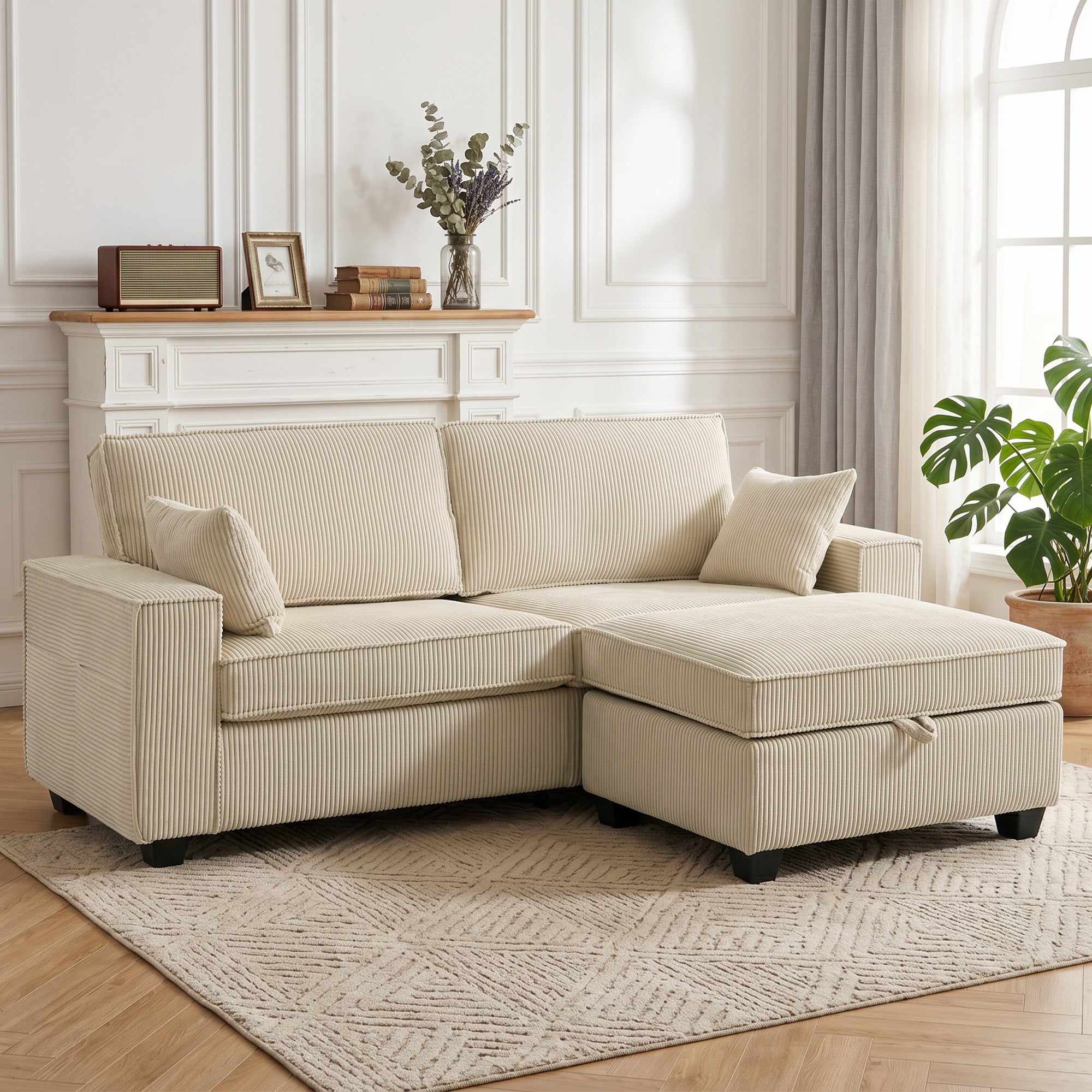 Canapé 3 Places avec Pouf de Rangement, Canapé d'Angle en Velours Côtelé 216 cm, Assise Large, Accoudoirs Larges, 2 Coussins, Coussins à Ressorts, Poches Latérales, pour Salon, Chambre, Beige