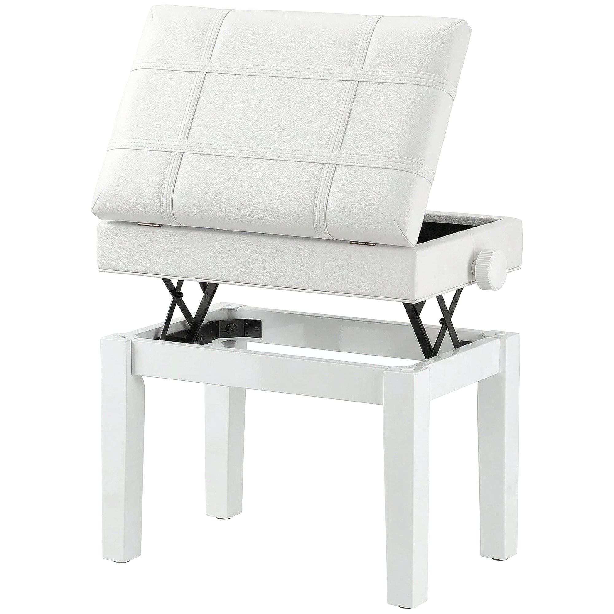 Banc de piano, banc de clavier réglable en hauteur en bois massif, tabouret piano avec compartiment caché, siège rembourré polyuréthane, stable et antidérapant, charge 150kg, blanc