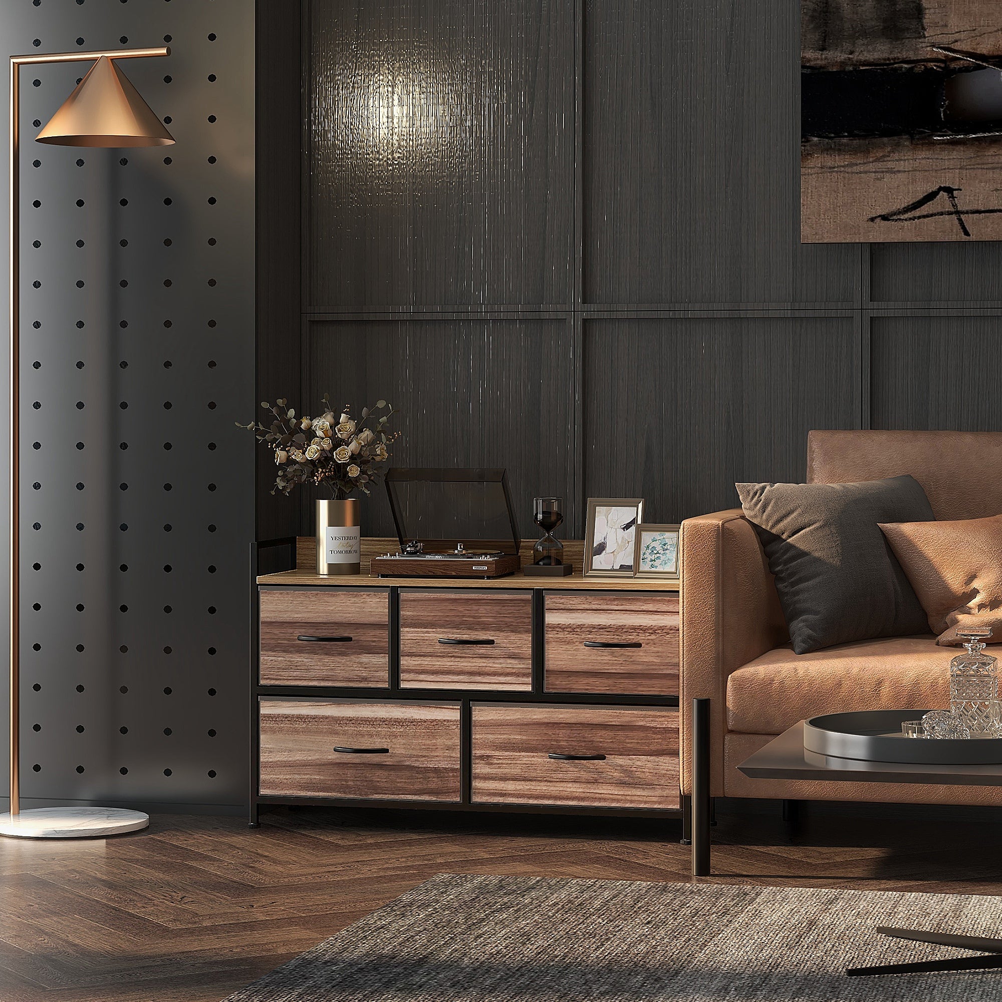 Commode Meuble de Rangement 5 tiroirs en Tissu 98 x 29 x 63 cm structure en acier noir