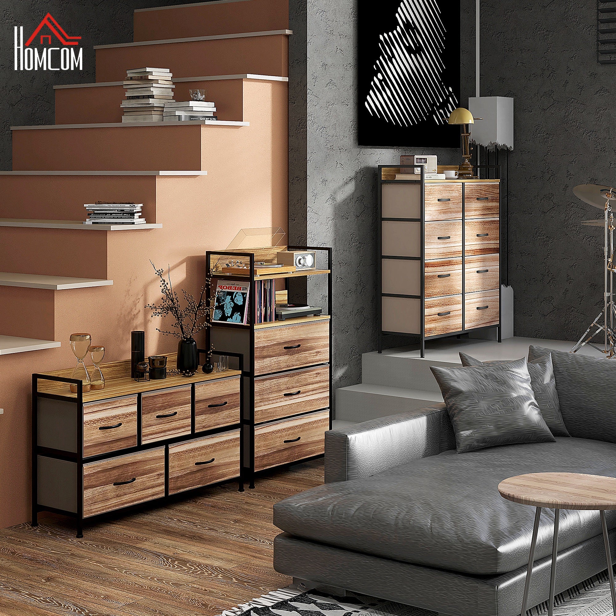 Commode Meuble de Rangement 5 tiroirs en Tissu 98 x 29 x 63 cm structure en acier noir