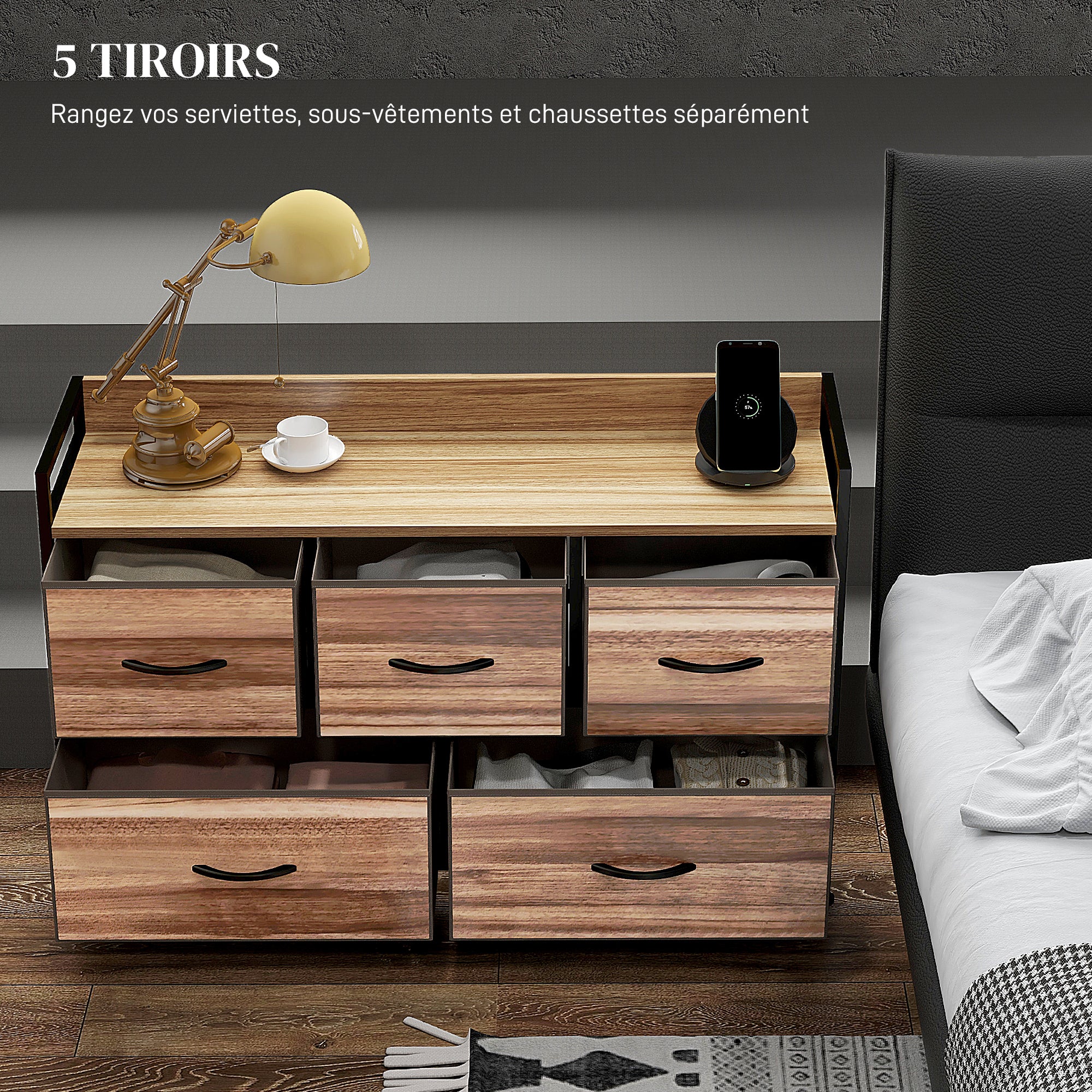 Commode Meuble de Rangement 5 tiroirs en Tissu 98 x 29 x 63 cm structure en acier noir