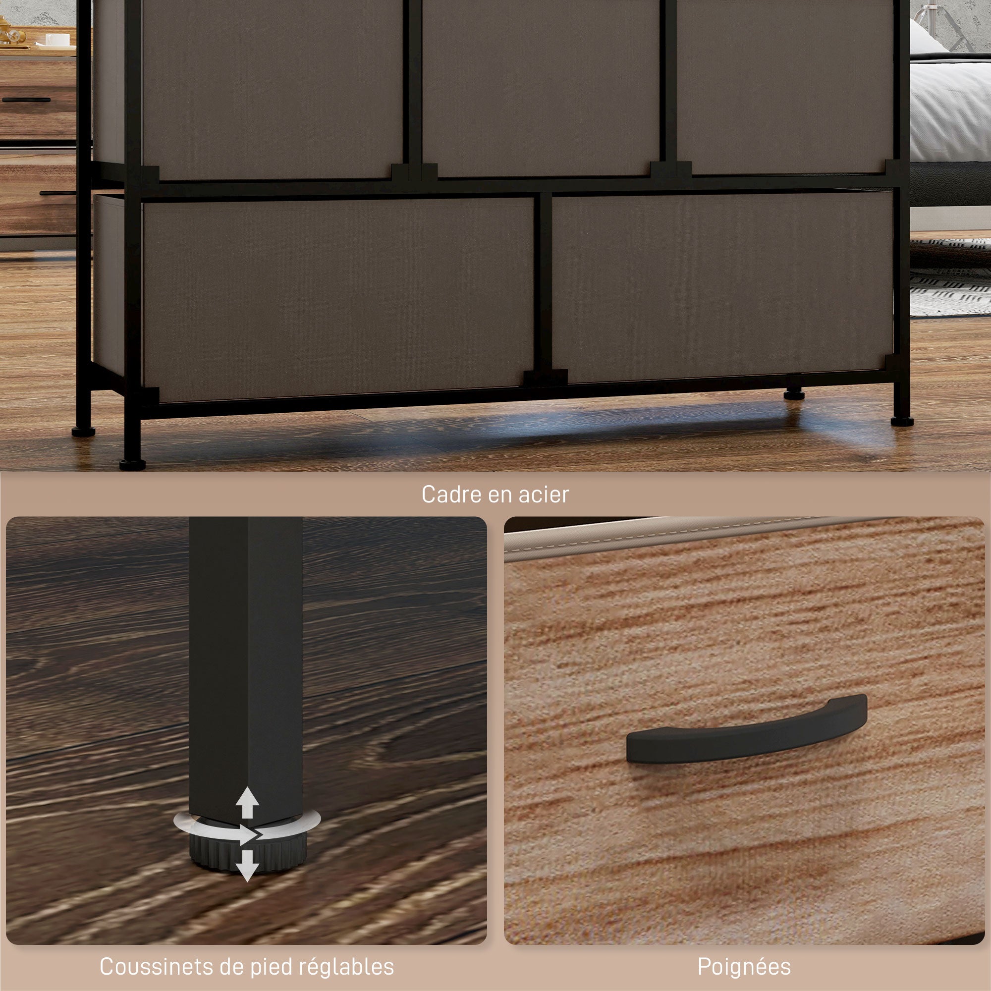 Commode Meuble de Rangement 5 tiroirs en Tissu 98 x 29 x 63 cm structure en acier noir