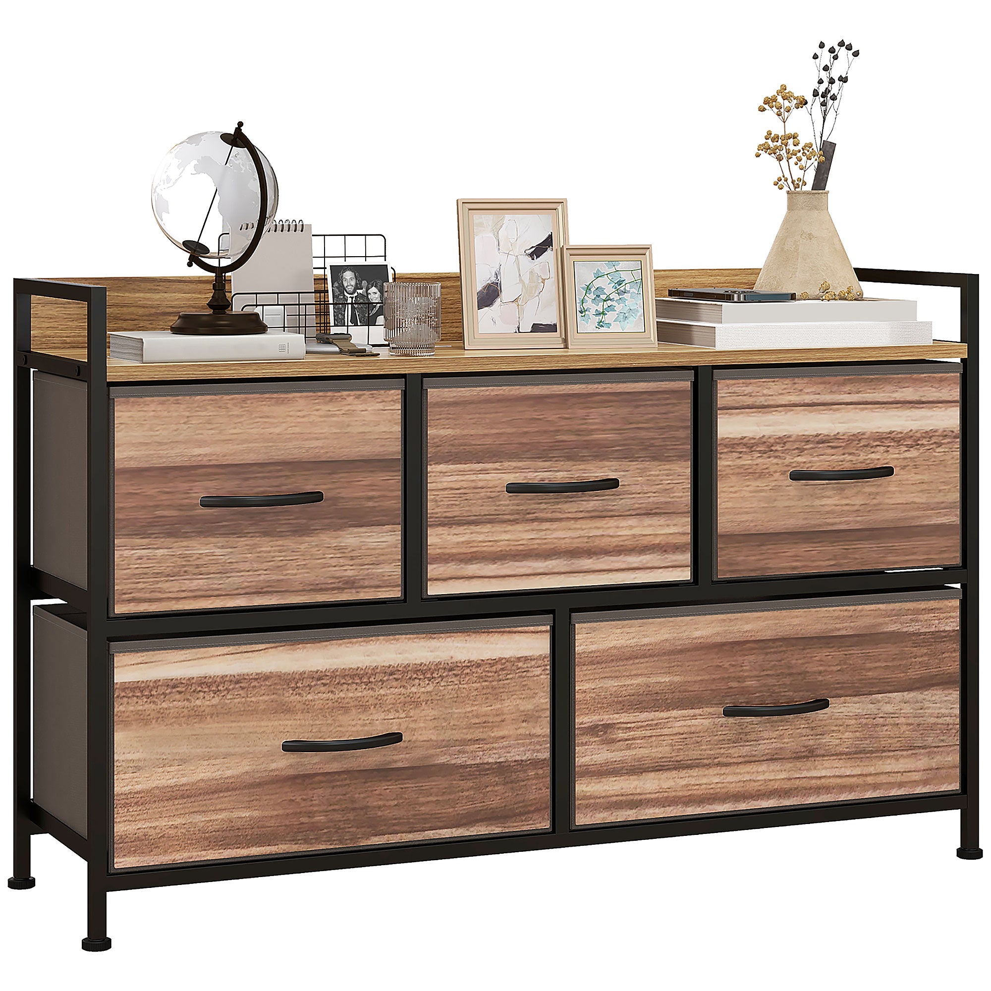 Commode Meuble de Rangement 5 tiroirs en Tissu 98 x 29 x 63 cm structure en acier noir