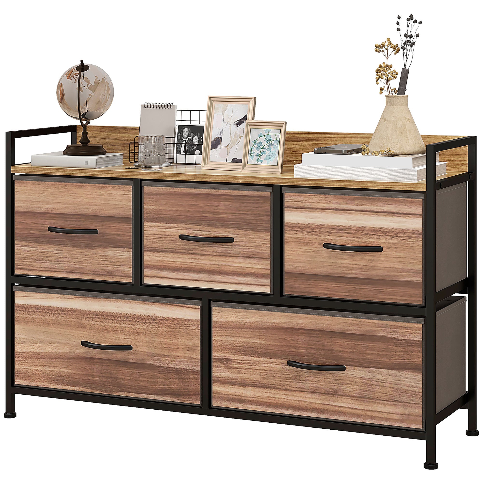 Commode Meuble de Rangement 5 tiroirs en Tissu 98 x 29 x 63 cm structure en acier noir