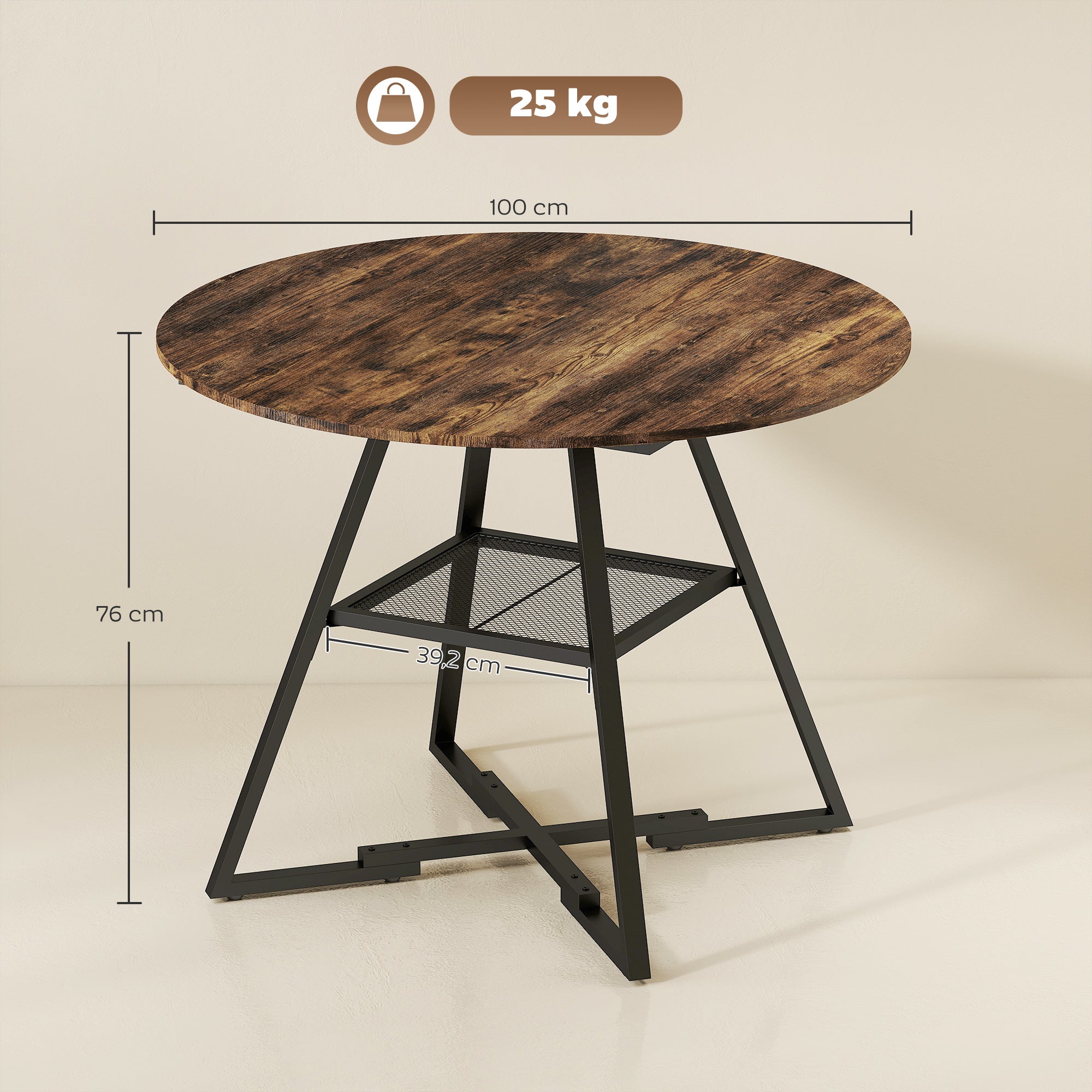 Table à manger ronde pour 4 personnes, Ø 100 x 76 cm, table de cuisine industrielle avec large plateau et étagère de rangement, cadre en métal, brun rustique