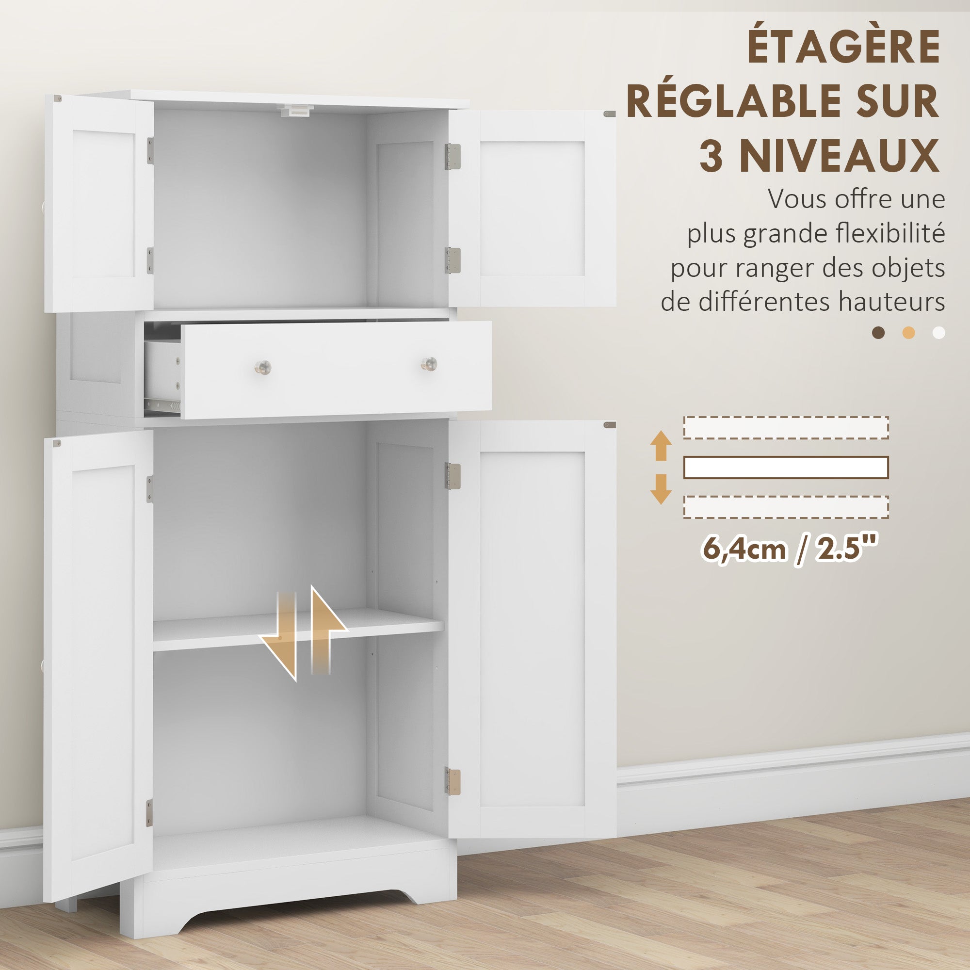 Armoire de cuisine buffet cuisine vaisselier meuble de rangement style moderne avec placards, étagères réglables, tiroir, pour salle à manger, salon, 60 x 30 x 128 cm, blanc