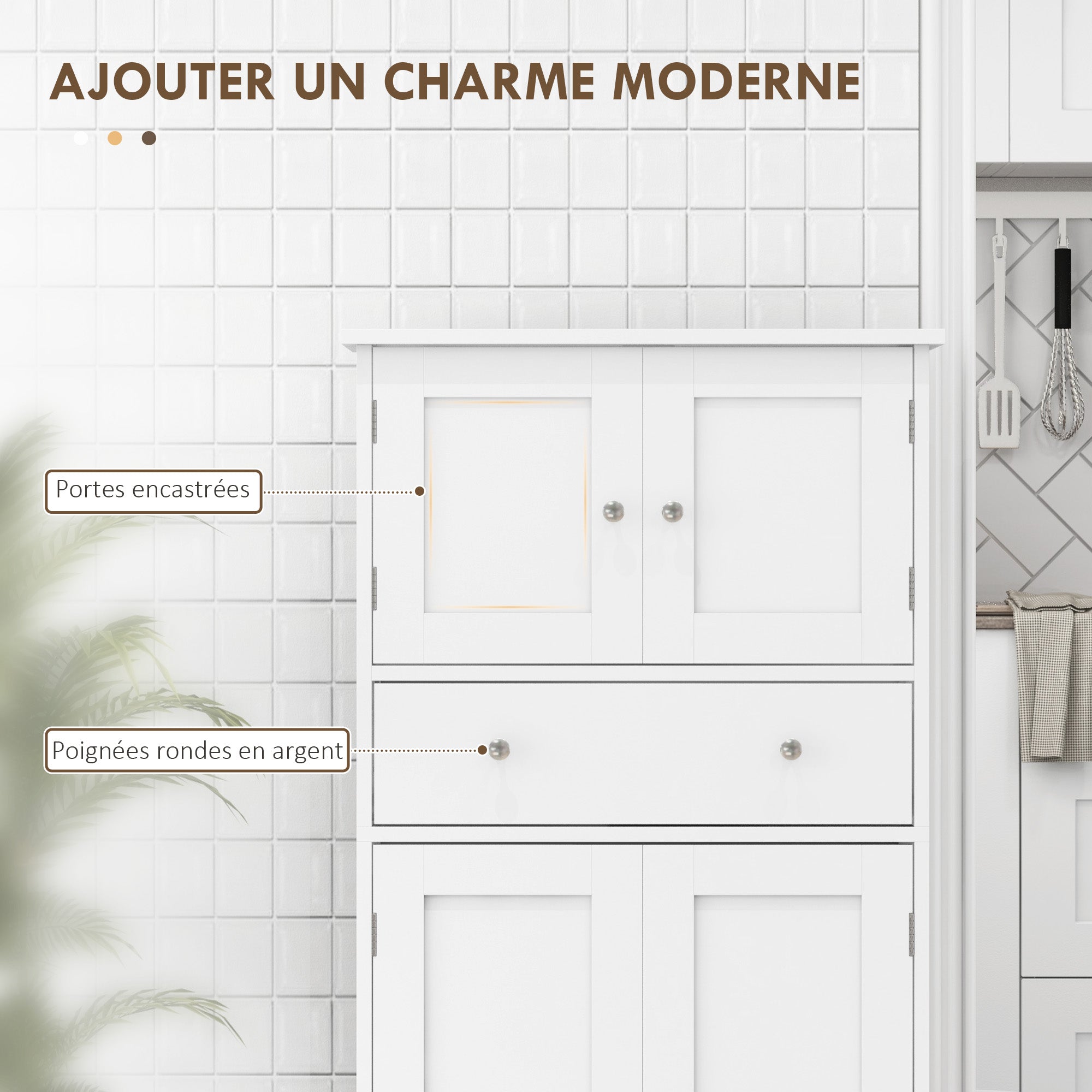 Armoire de cuisine buffet cuisine vaisselier meuble de rangement style moderne avec placards, étagères réglables, tiroir, pour salle à manger, salon, 60 x 30 x 128 cm, blanc