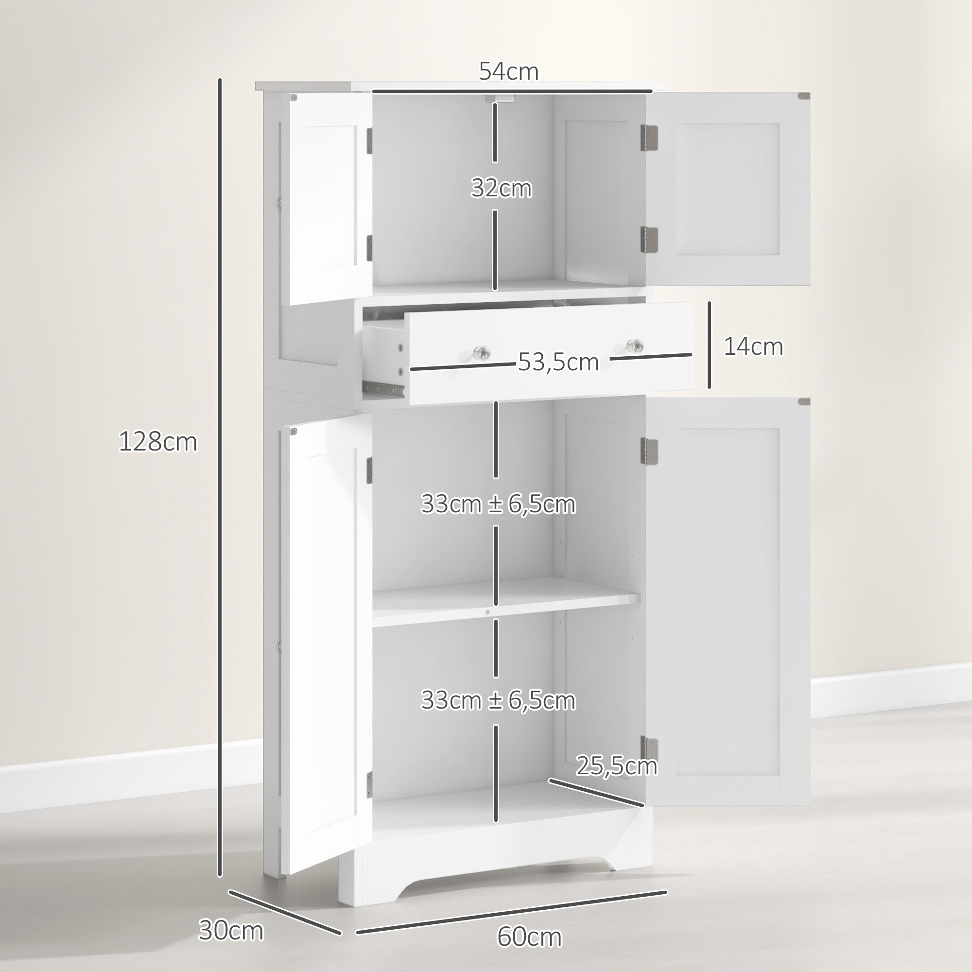 Armoire de cuisine buffet cuisine vaisselier meuble de rangement style moderne avec placards, étagères réglables, tiroir, pour salle à manger, salon, 60 x 30 x 128 cm, blanc