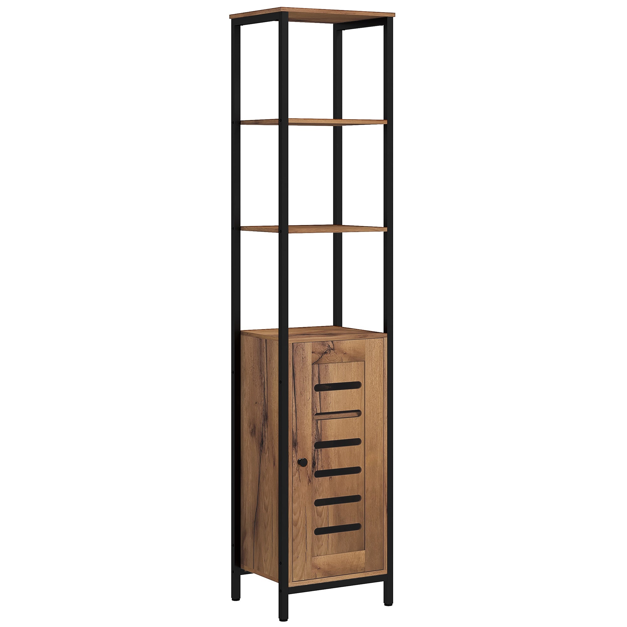 Meuble colonne de salle de bain, armoire de toilette haute, design industriel, avec 3 étagères ouvertes, porte à lamelles et étagères réglables, marron rustique