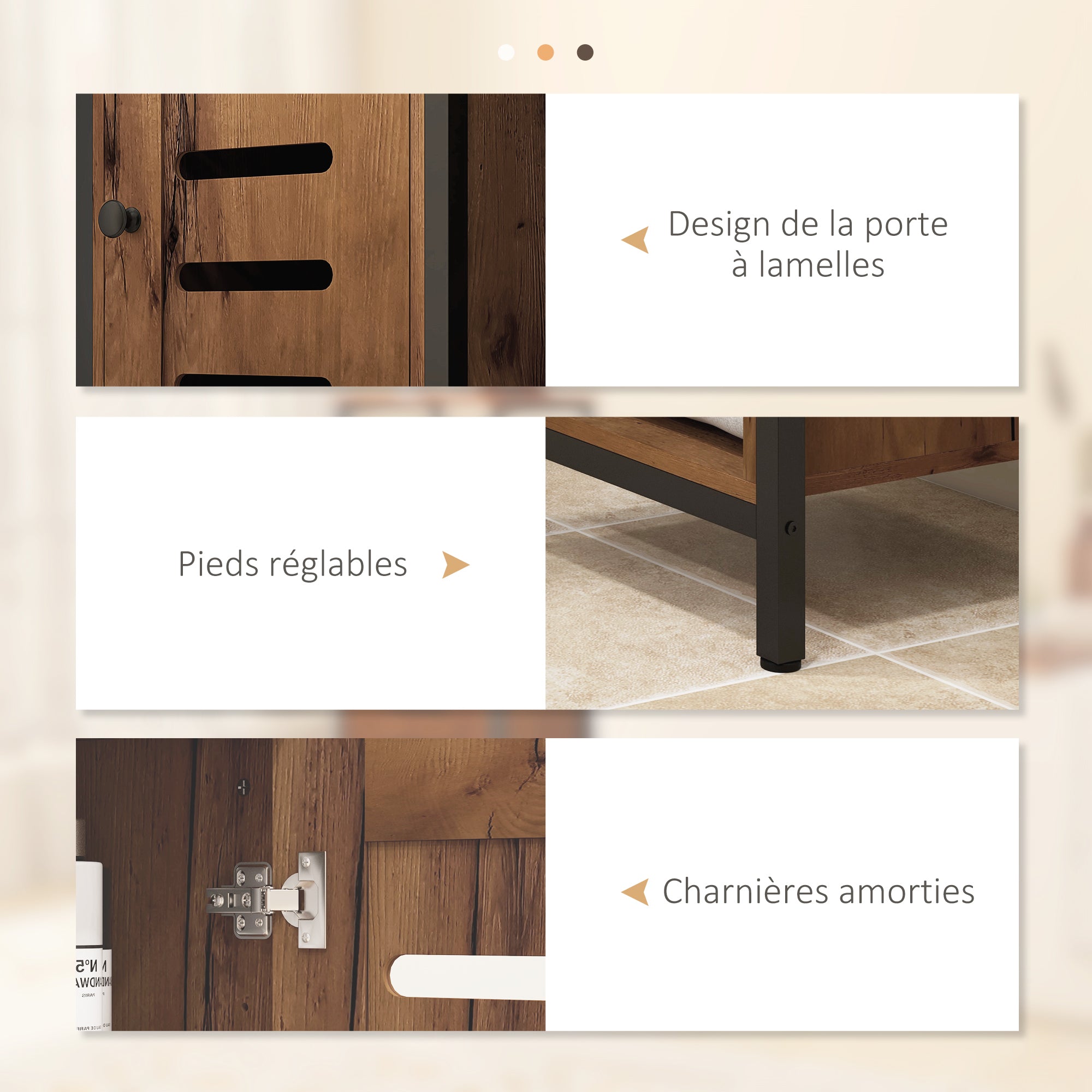 Meuble colonne de salle de bain, armoire de toilette haute, design industriel, avec 3 étagères ouvertes, porte à lamelles et étagères réglables, marron rustique