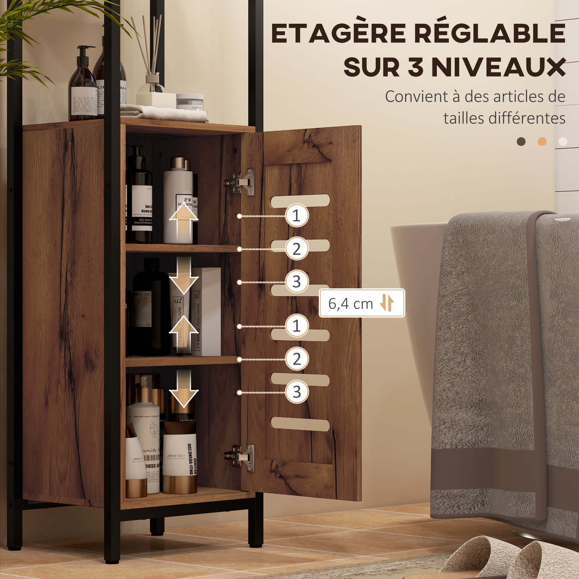 Meuble colonne de salle de bain, armoire de toilette haute, design industriel, avec 3 étagères ouvertes, porte à lamelles et étagères réglables, marron rustique