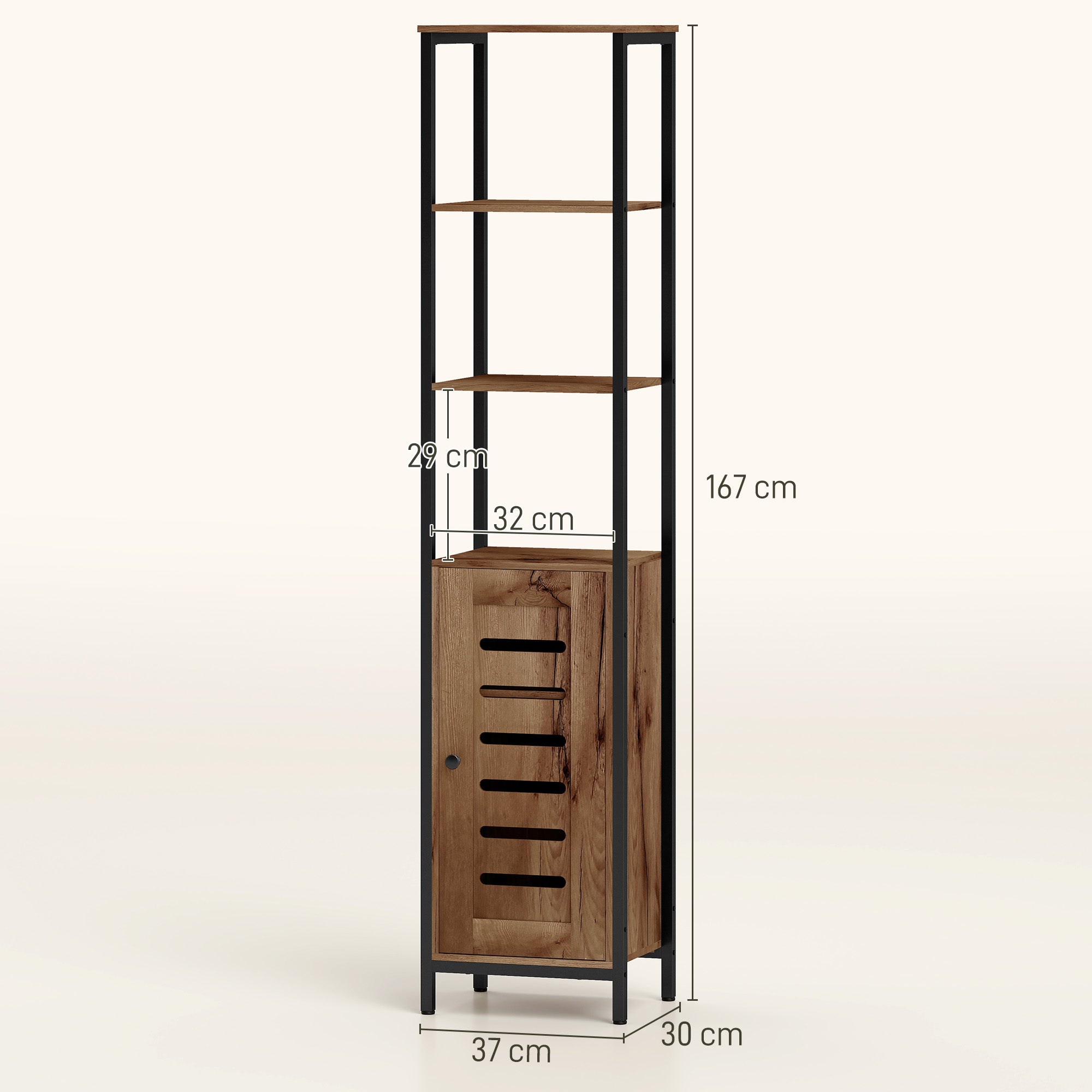 Meuble colonne de salle de bain, armoire de toilette haute, design industriel, avec 3 étagères ouvertes, porte à lamelles et étagères réglables, marron rustique