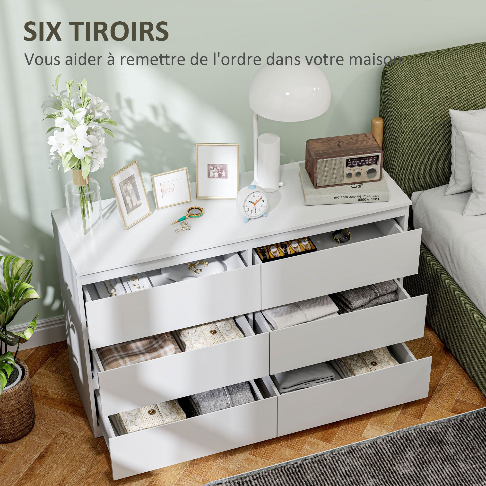 Commode 6 tiroirs commode chambre meuble de rangement épuré style moderne avec mécanisme de fermeture en douceur, pour chambre à coucher, salon - 120 x 39 x 75 cm, blanc