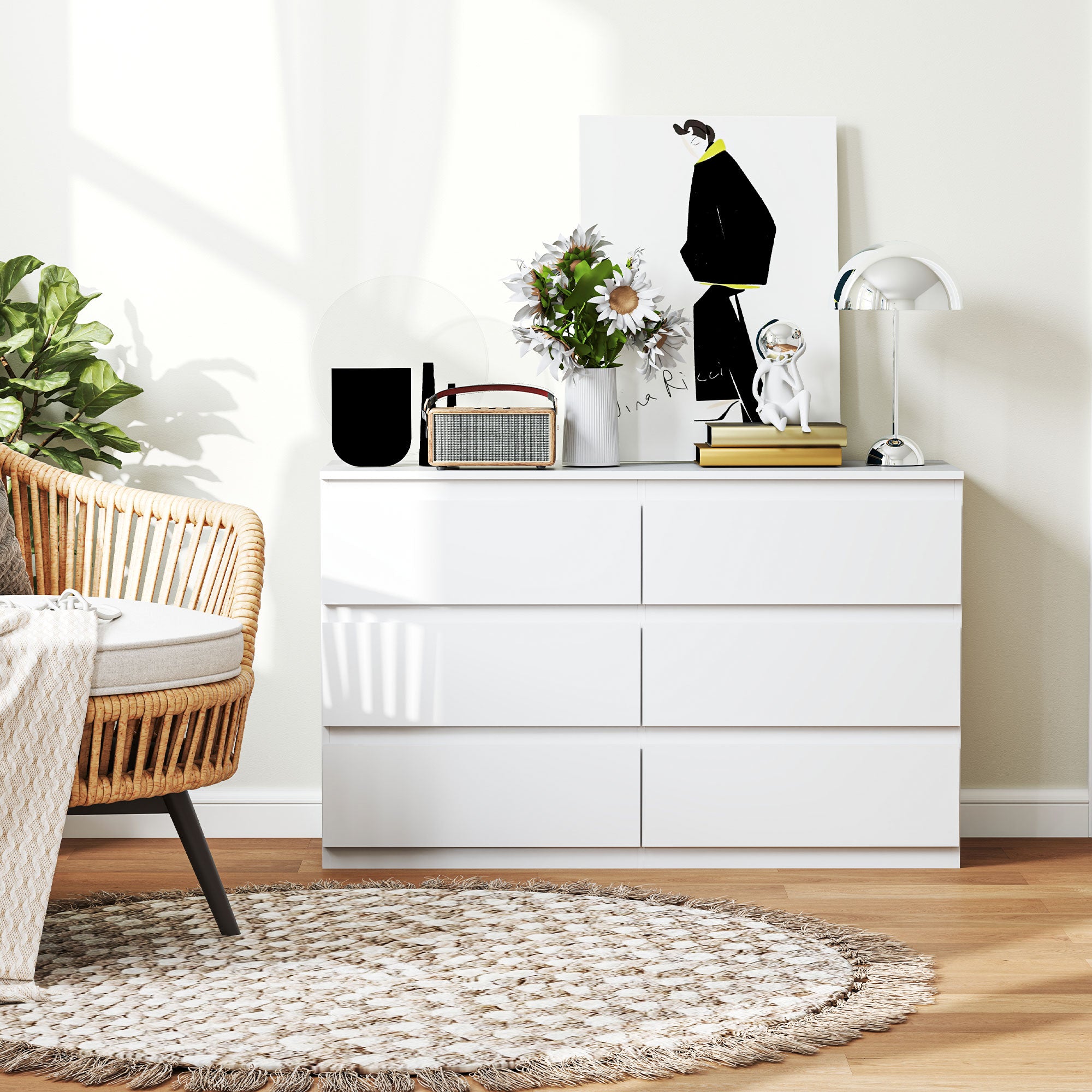 Commode 6 tiroirs commode chambre meuble de rangement épuré style moderne avec mécanisme de fermeture en douceur, pour chambre à coucher, salon - 120 x 39 x 75 cm, blanc