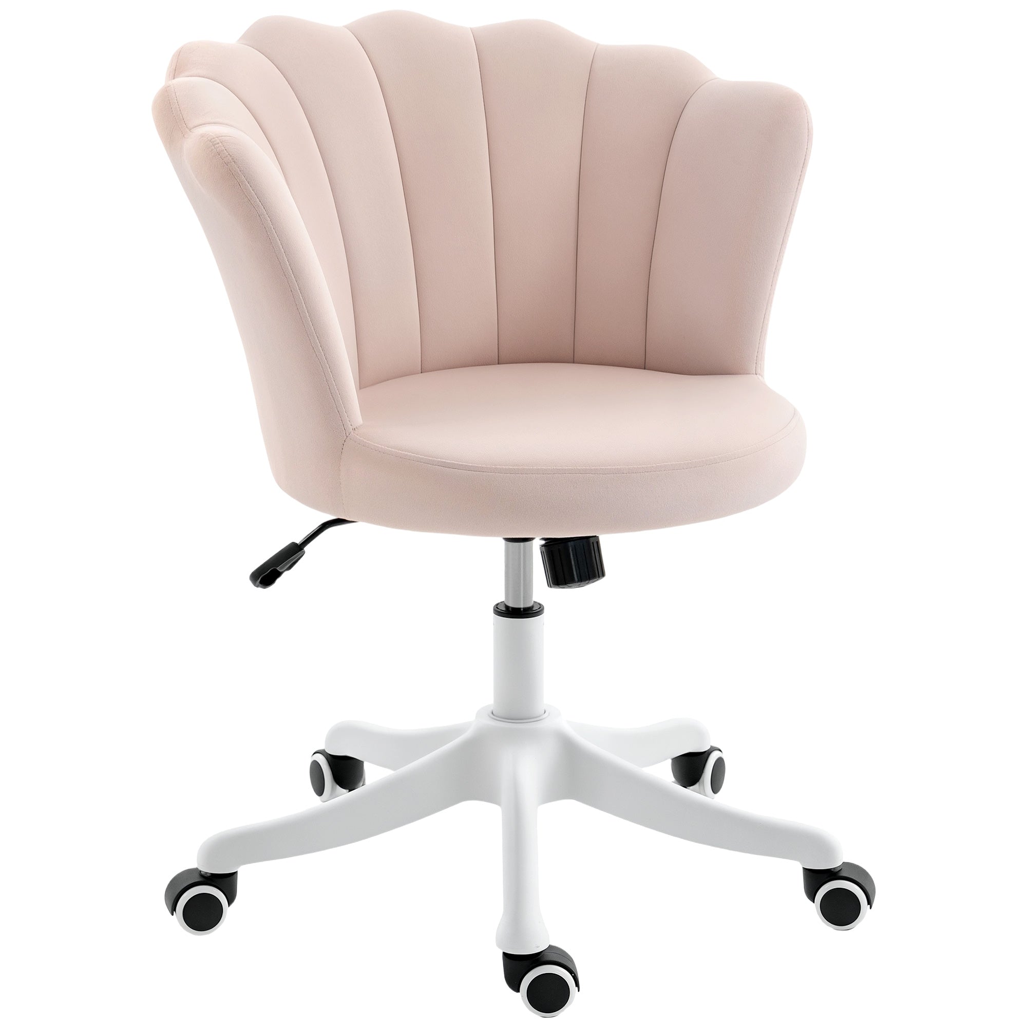 Chaise bureau en velours, chaise coiffeuse avec dossier en pétale, hauteur réglable, fonction bascule, assise rembourrée et pivotante, fauteuil coquillage pour bureau, salon, chambre, rose