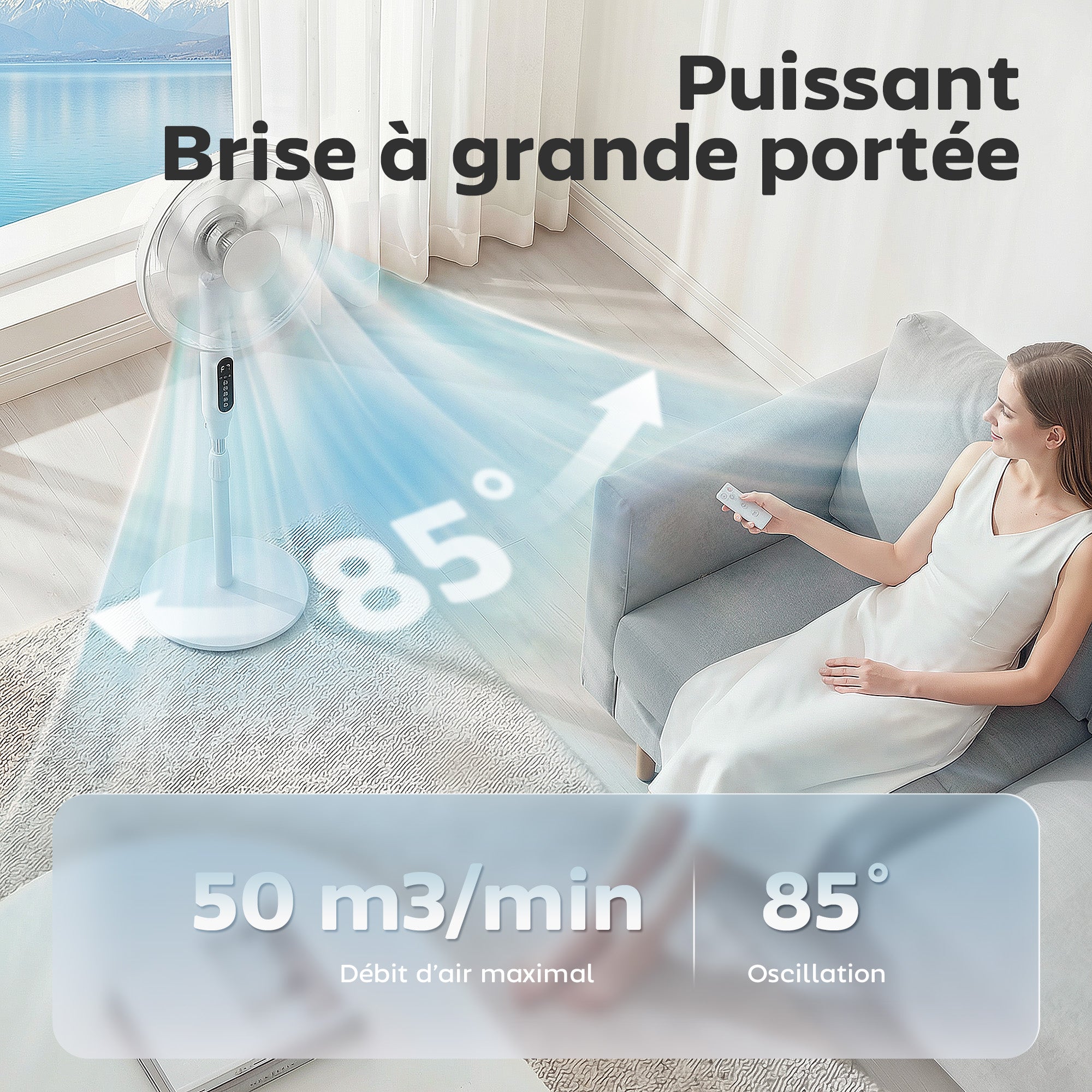 Ventilateur sur pied contrôlé par APP, ventilateur 45 cm avec télécommande, 3 vitesses, 3 modes, hauteur réglable 118-138 cm, minuterie 15 h, oscillant, pour chambre, salon, bureau, blanc