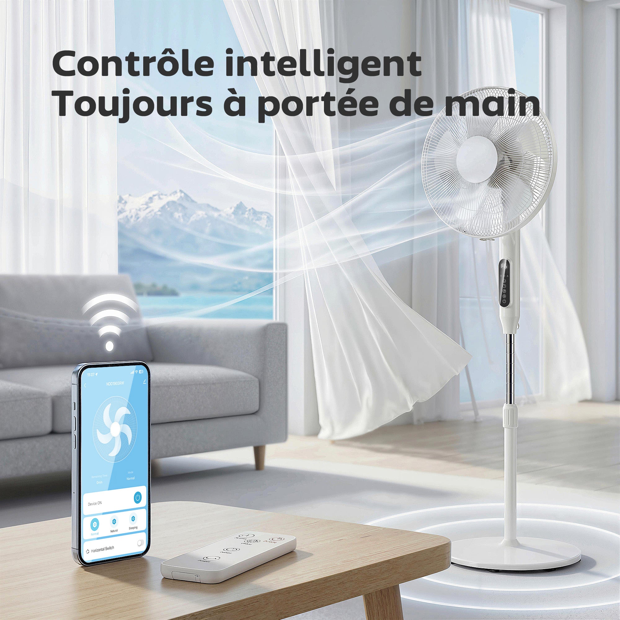 Ventilateur sur pied contrôlé par APP, ventilateur 45 cm avec télécommande, 3 vitesses, 3 modes, hauteur réglable 118-138 cm, minuterie 15 h, oscillant, pour chambre, salon, bureau, blanc