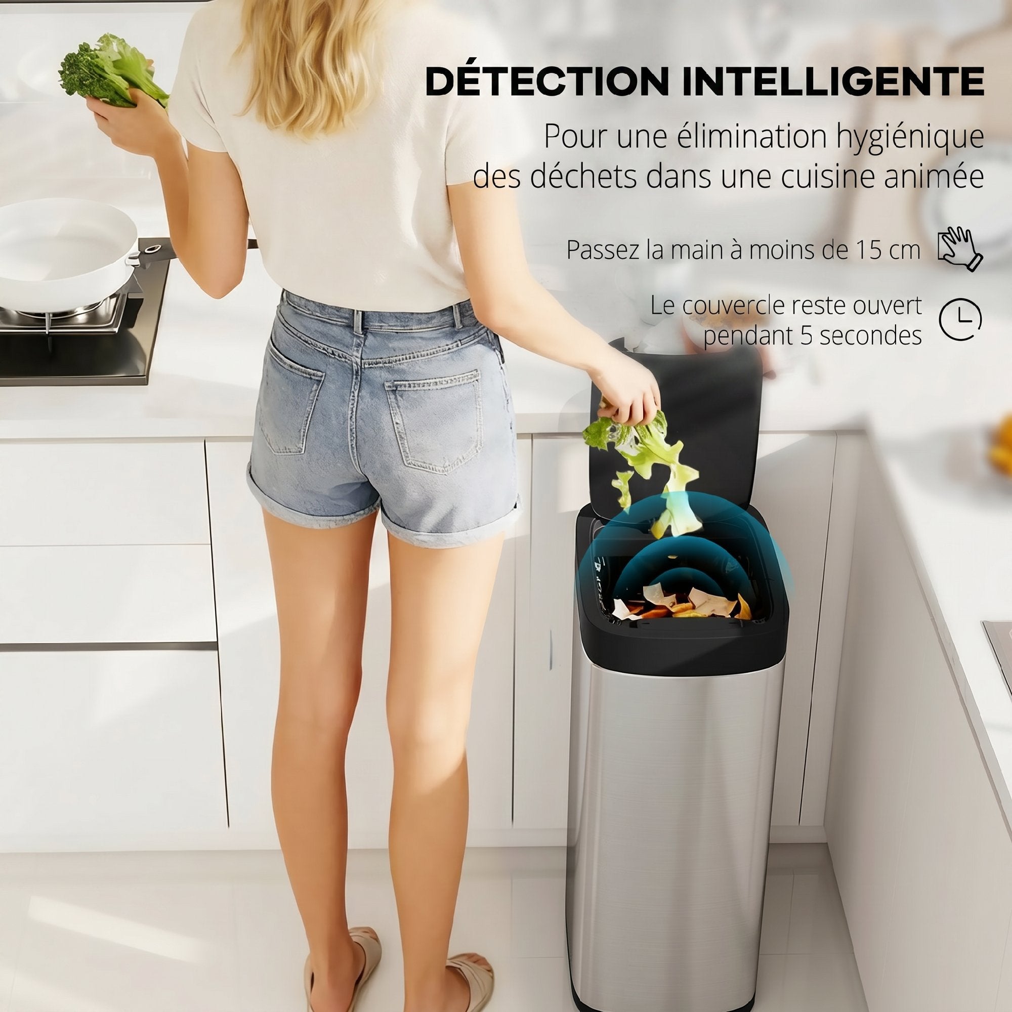 Poubelle de Cuisine Automatique 50L, Poubelle à Capteur de Mouvement sans Contact, Résistant aux Empreintes Digitales, sans Bac Intérieur, Fonctionne sur Piles, Argent