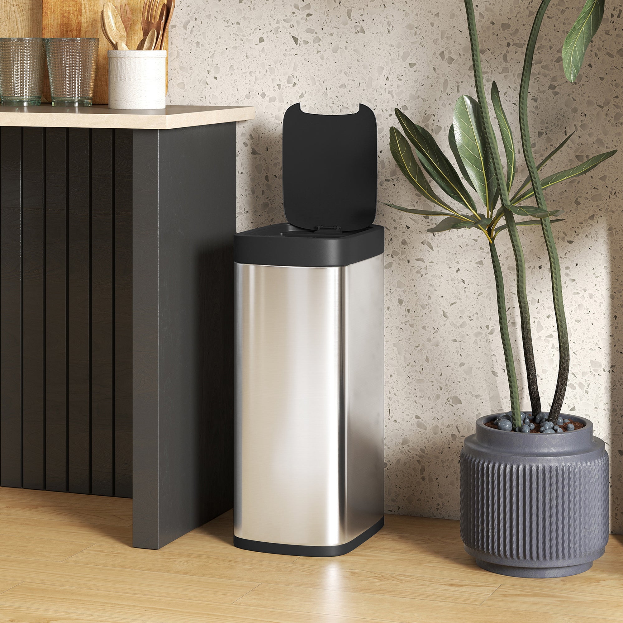 Poubelle de Cuisine Automatique 50L, Poubelle à Capteur de Mouvement sans Contact, Résistant aux Empreintes Digitales, sans Bac Intérieur, Fonctionne sur Piles, Argent