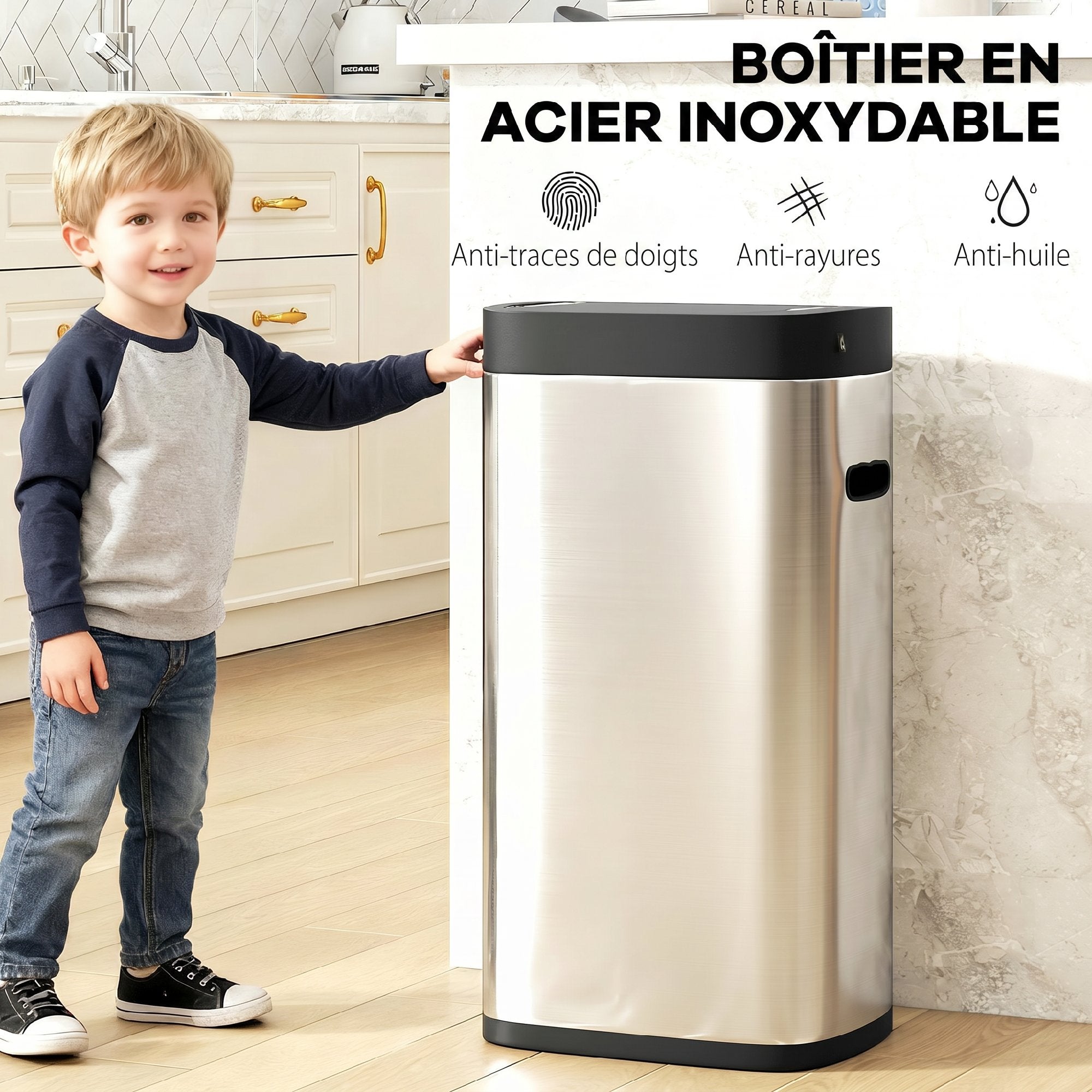 Poubelle de Cuisine Automatique 50L, Poubelle à Capteur de Mouvement sans Contact, Résistant aux Empreintes Digitales, sans Bac Intérieur, Fonctionne sur Piles, Argent