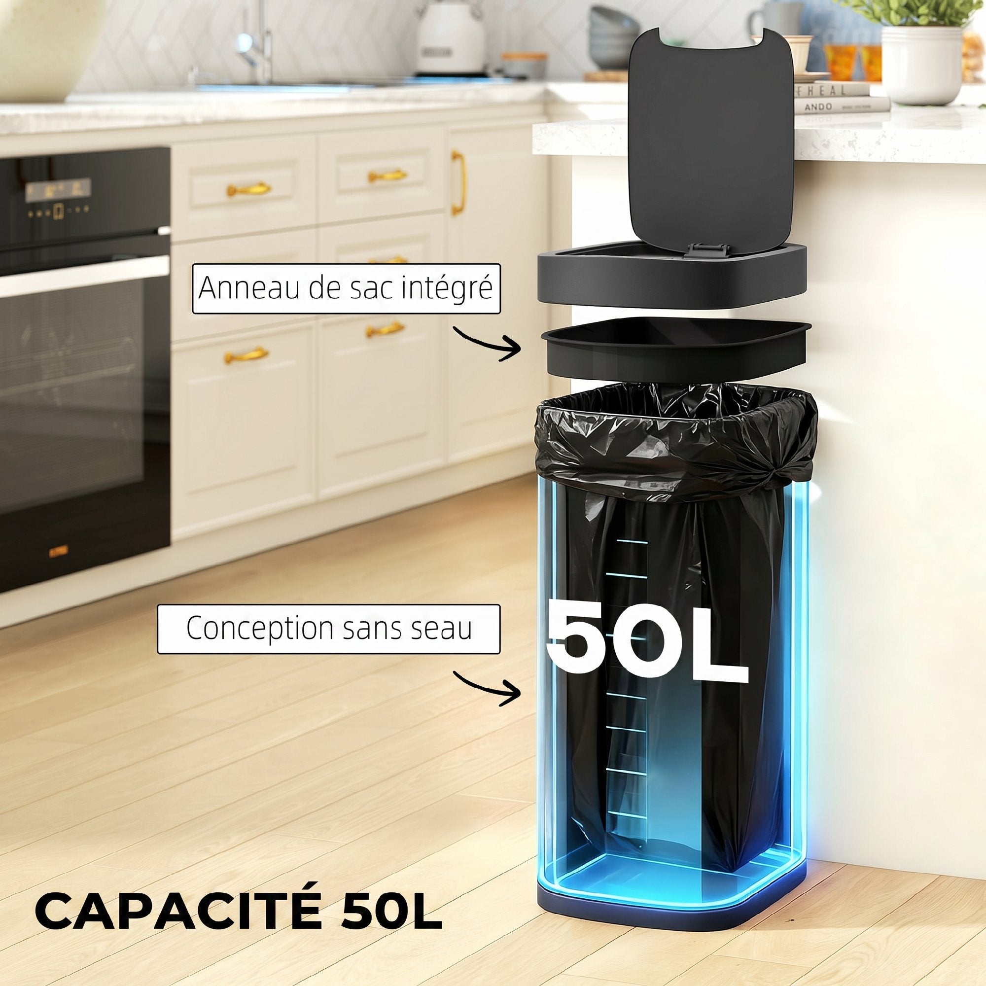 Poubelle de Cuisine Automatique 50L, Poubelle à Capteur de Mouvement sans Contact, Résistant aux Empreintes Digitales, sans Bac Intérieur, Fonctionne sur Piles, Argent