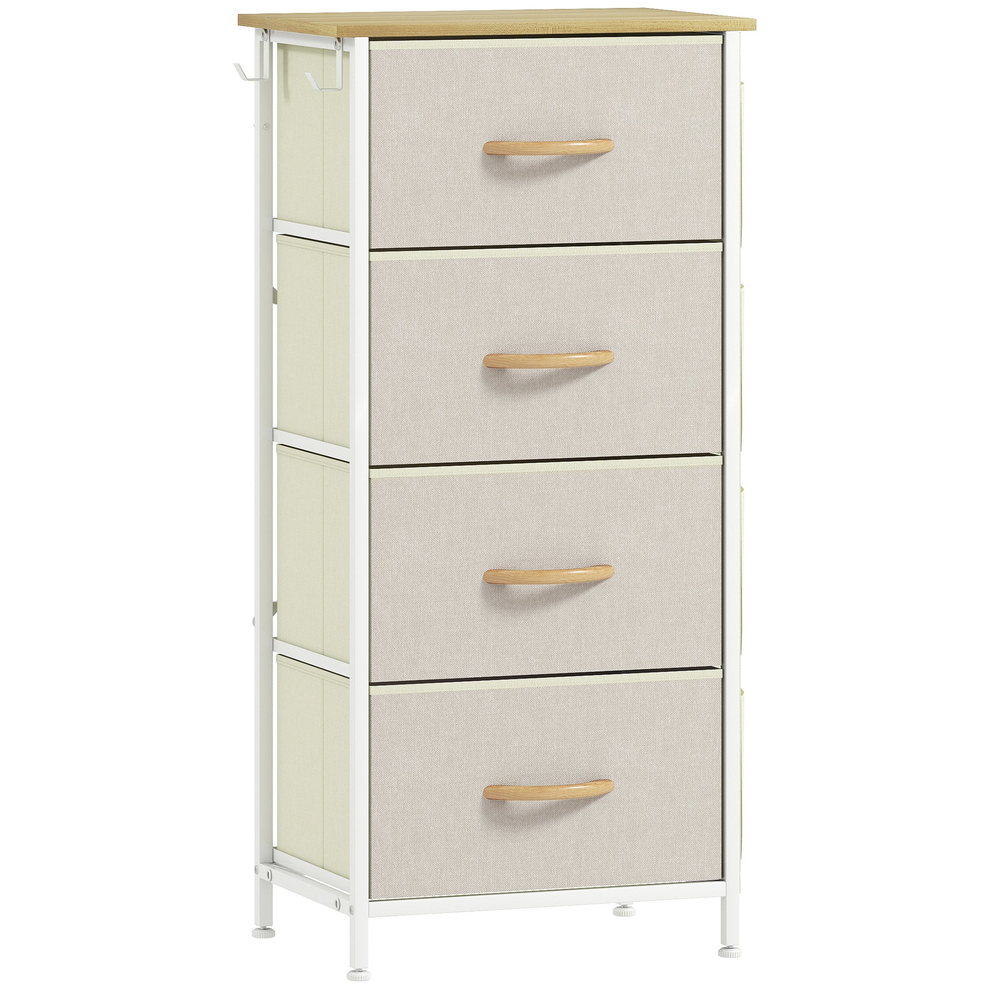 Commode 4 tiroirs en tissu, meuble de rangement avec 4 poches, 2 crochets, structure en acier, chiffonnier pour salon, chambre, entrée, beige