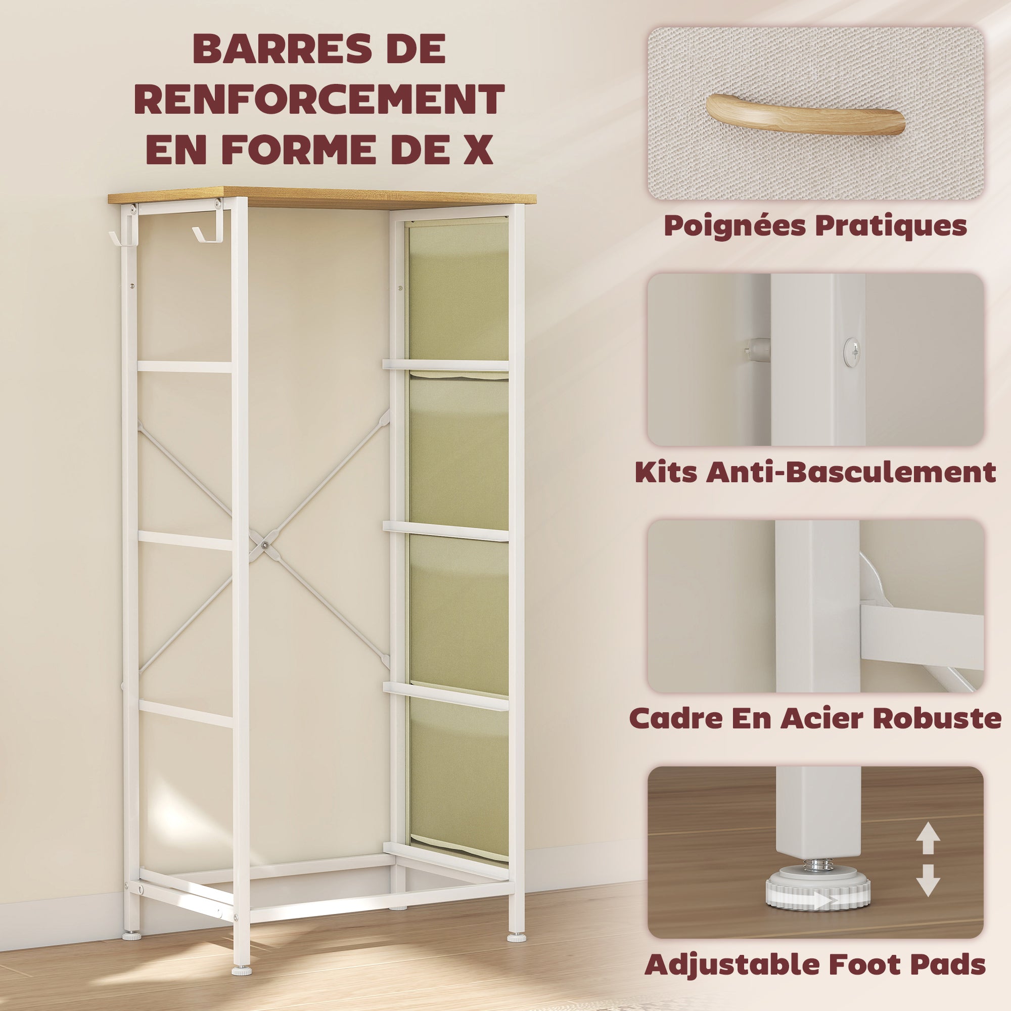 Commode 4 tiroirs en tissu, meuble de rangement avec 4 poches, 2 crochets, structure en acier, chiffonnier pour salon, chambre, entrée, beige