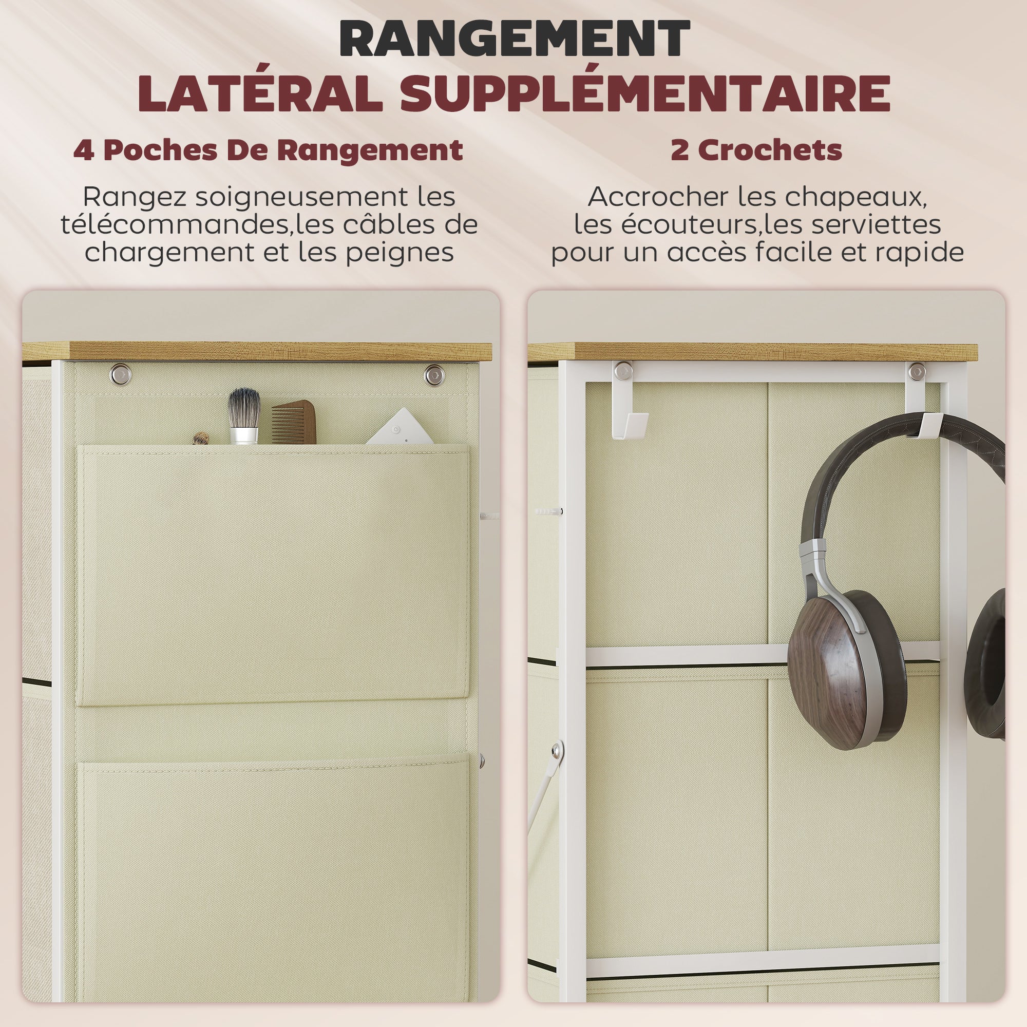 Commode 4 tiroirs en tissu, meuble de rangement avec 4 poches, 2 crochets, structure en acier, chiffonnier pour salon, chambre, entrée, beige
