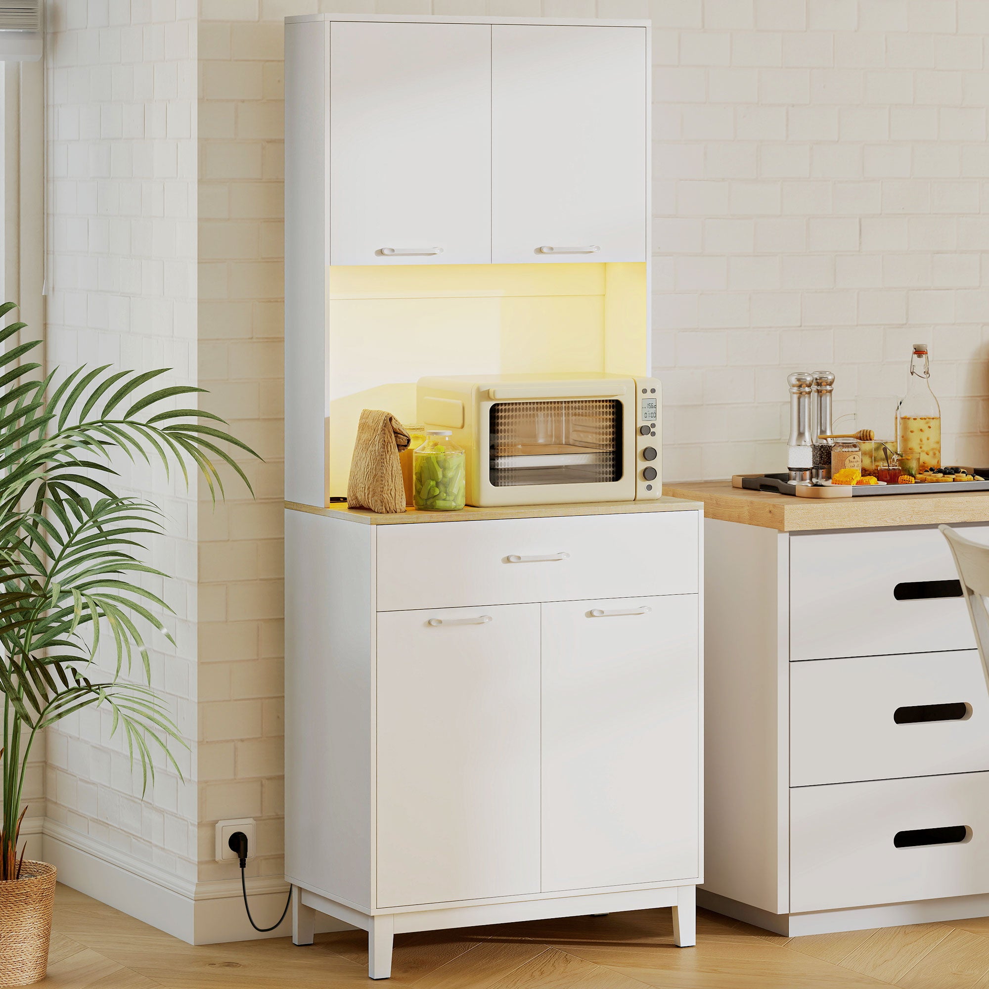 Buffet Haut Cuisine avec LED et Station de Charge, Armoire de Cuisine 180cm avec 4 Portes, Tiroir, Étagères Réglables et Plan de Travail, Meuble de Rangement pour Salon, Salle à Manger, Blanc