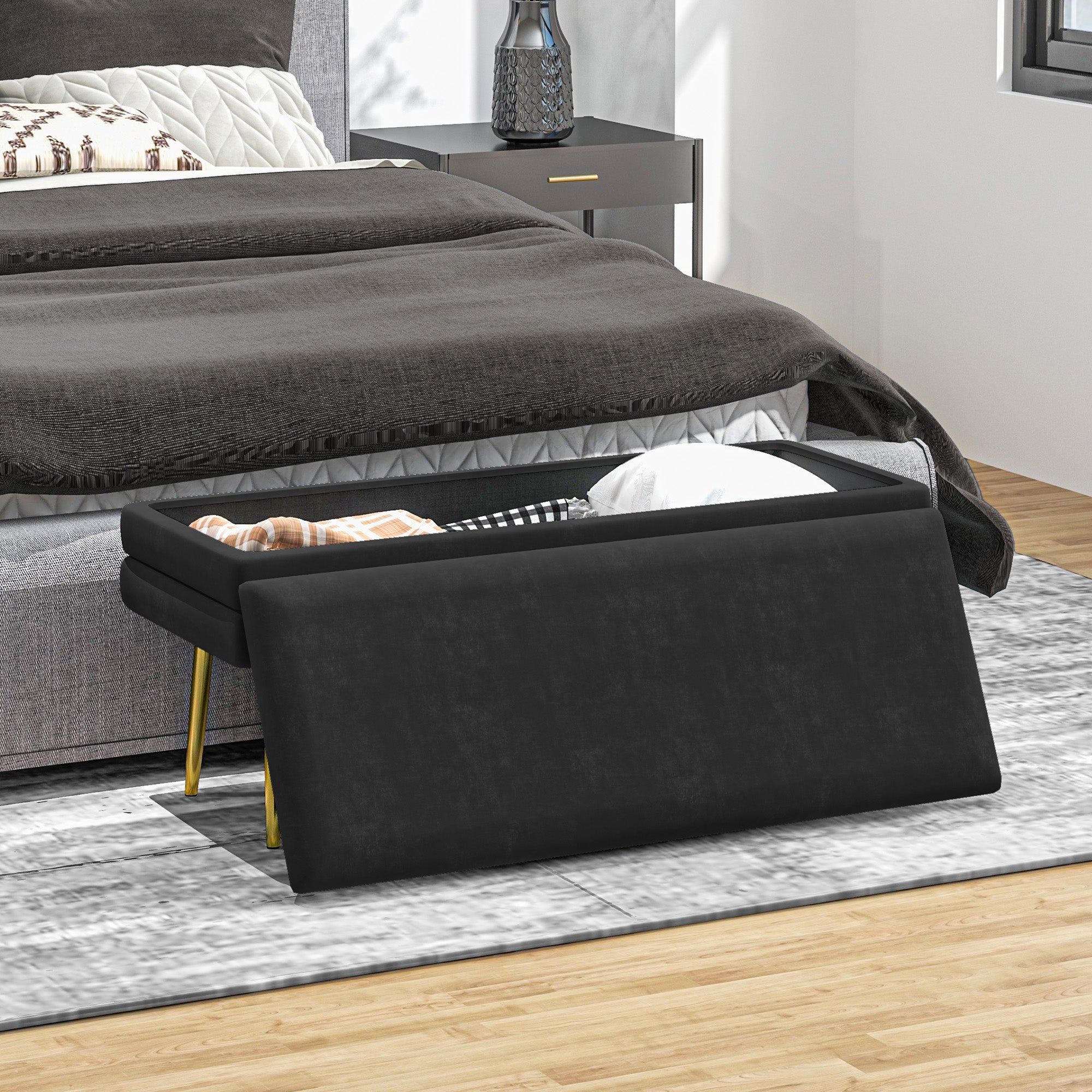 Banc de rangement, bout de lit, coffre de rangement avec assise aspect velours et pieds acier, 100 x 37,5 x 42 cm, noir et doré