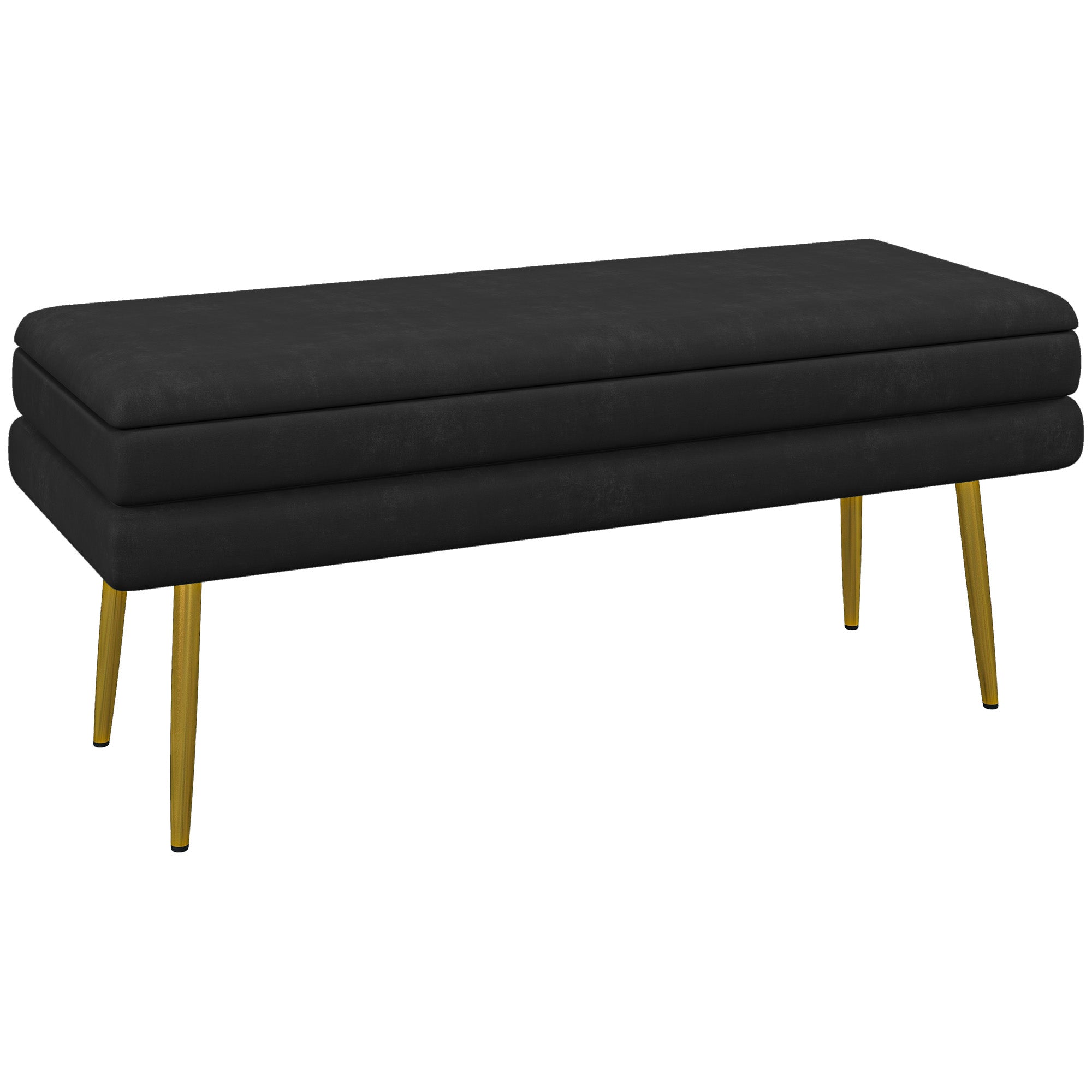 Banc de rangement, bout de lit, coffre de rangement avec assise aspect velours et pieds acier, 100 x 37,5 x 42 cm, noir et doré